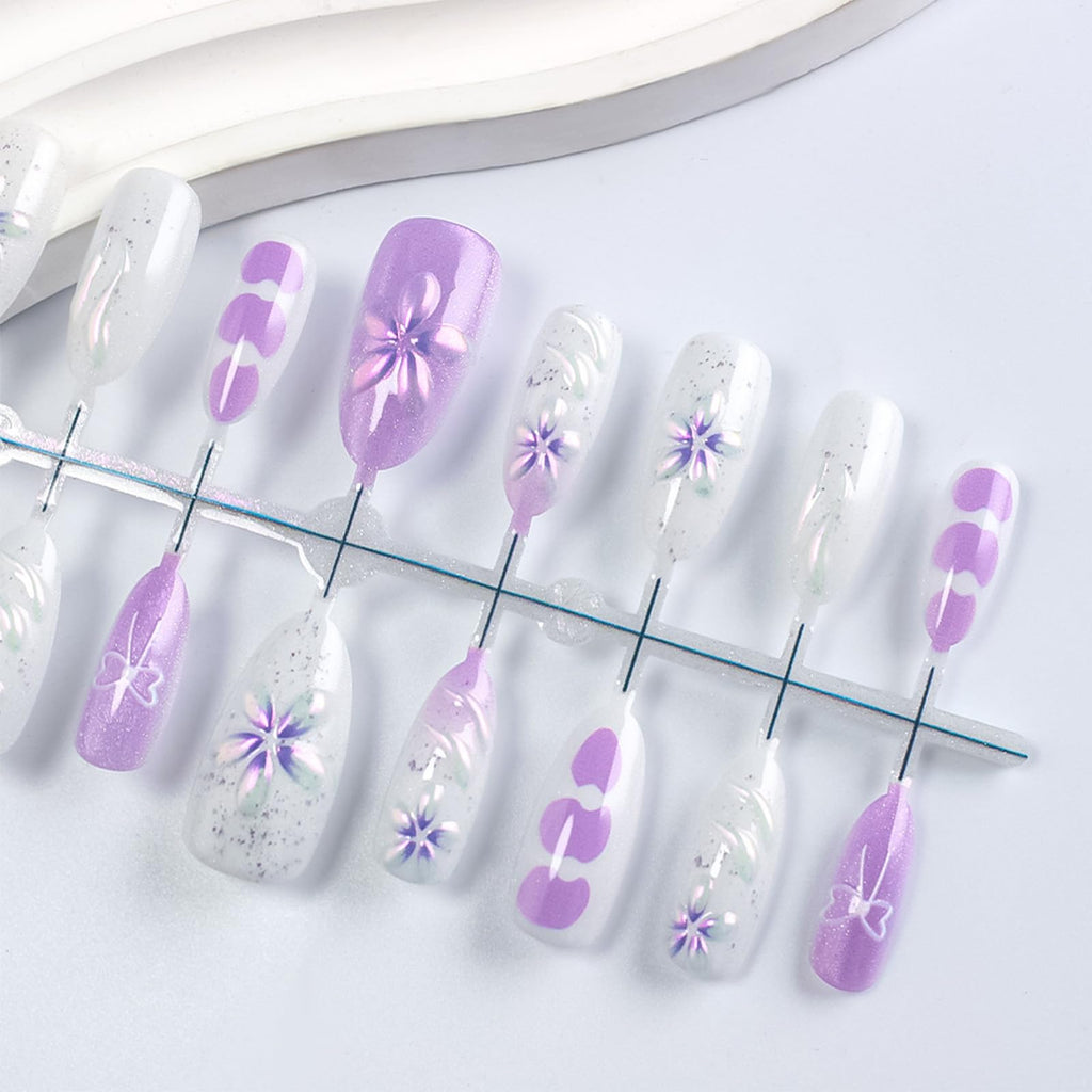 HZJXRT 3D Flower Press On Nails – Purple Glitter Almond Medium, 24Pcs