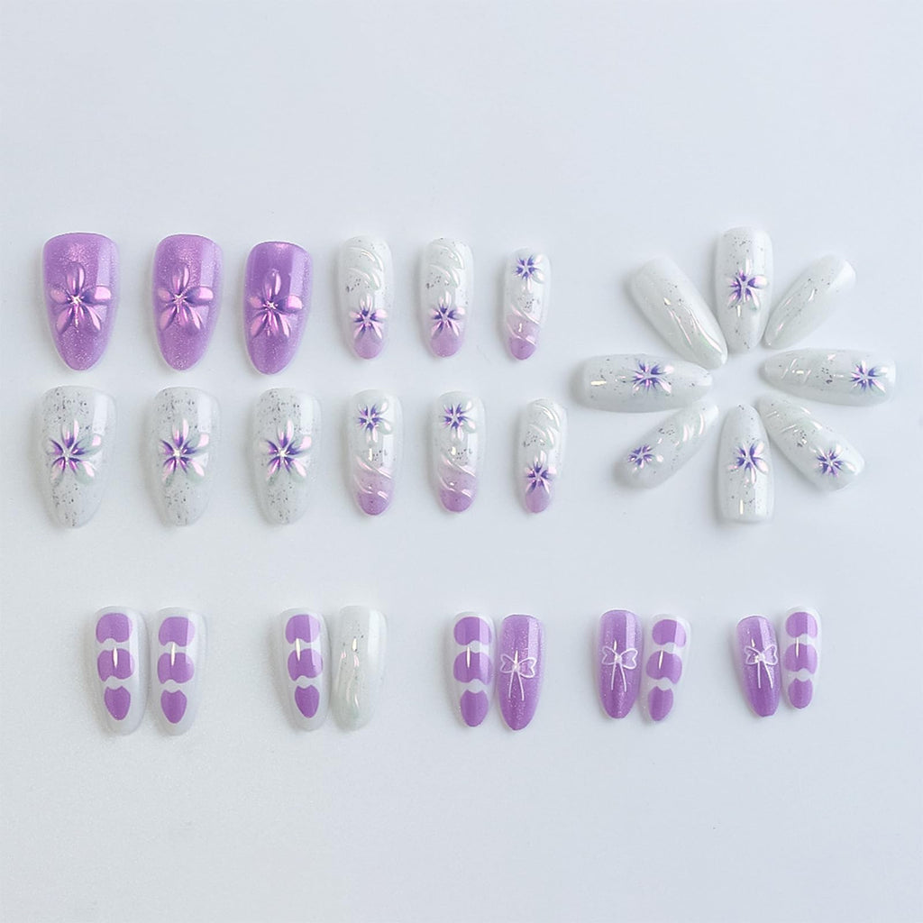 HZJXRT 3D Flower Press On Nails – Purple Glitter Almond Medium, 24Pcs