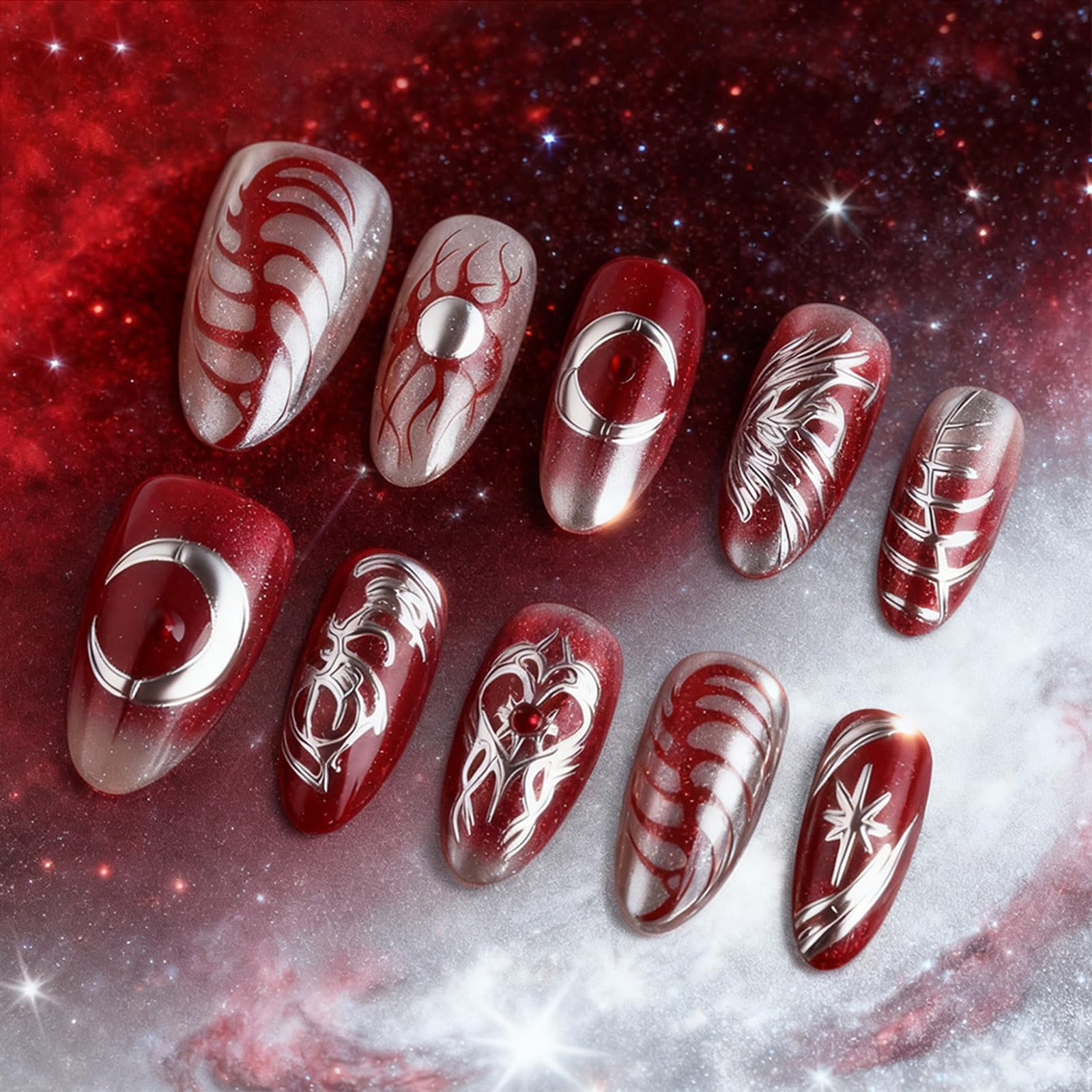 HZJXRT 24-Piece Love Heart Press-On Nails Set – 3D Sun Moon Almond Medium, Glitter Red, Glue-On Nails for Women