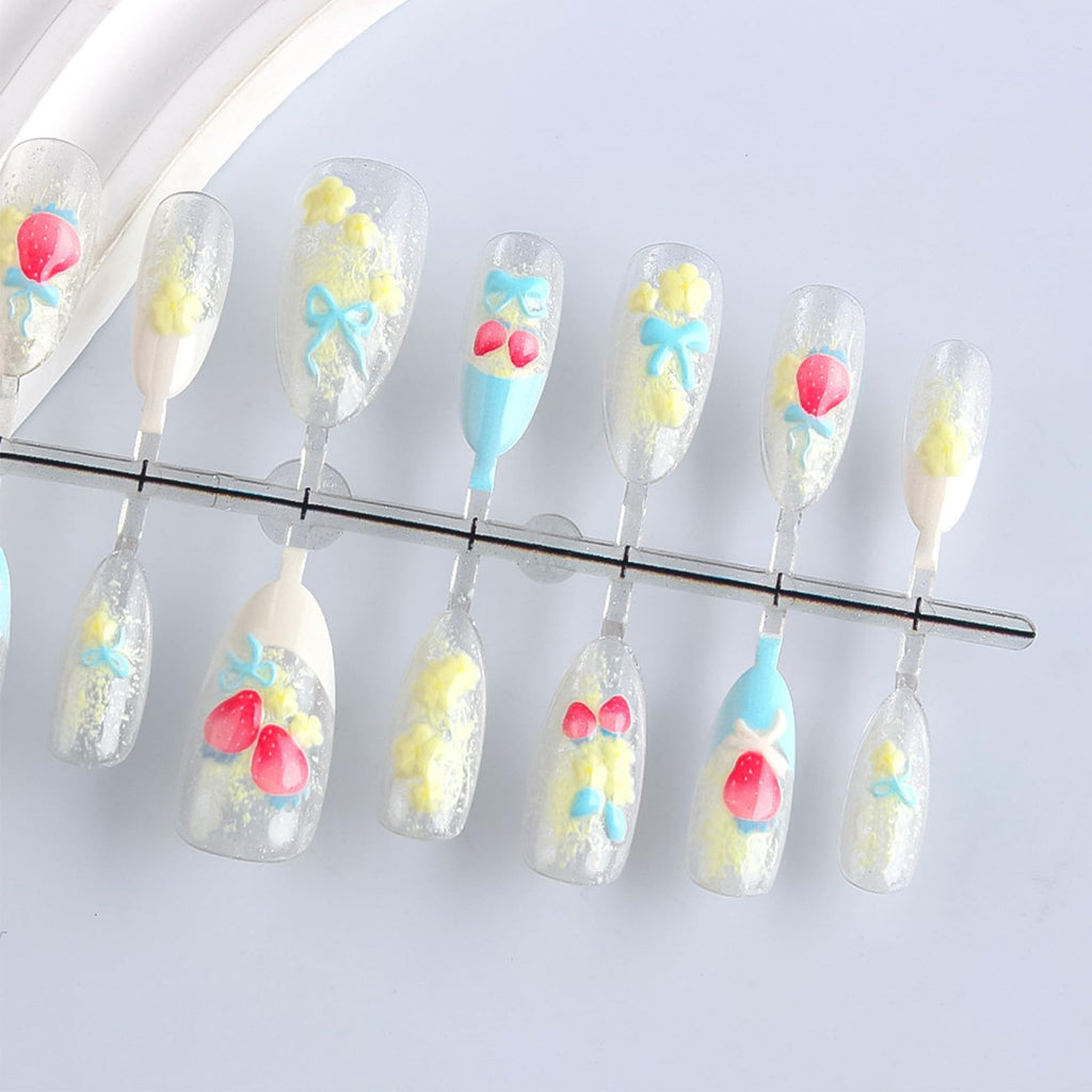 HZJXRT 24Pcs 3D Strawberry Press-On Nails – Almond Medium, Blue Bow Tie French Tips