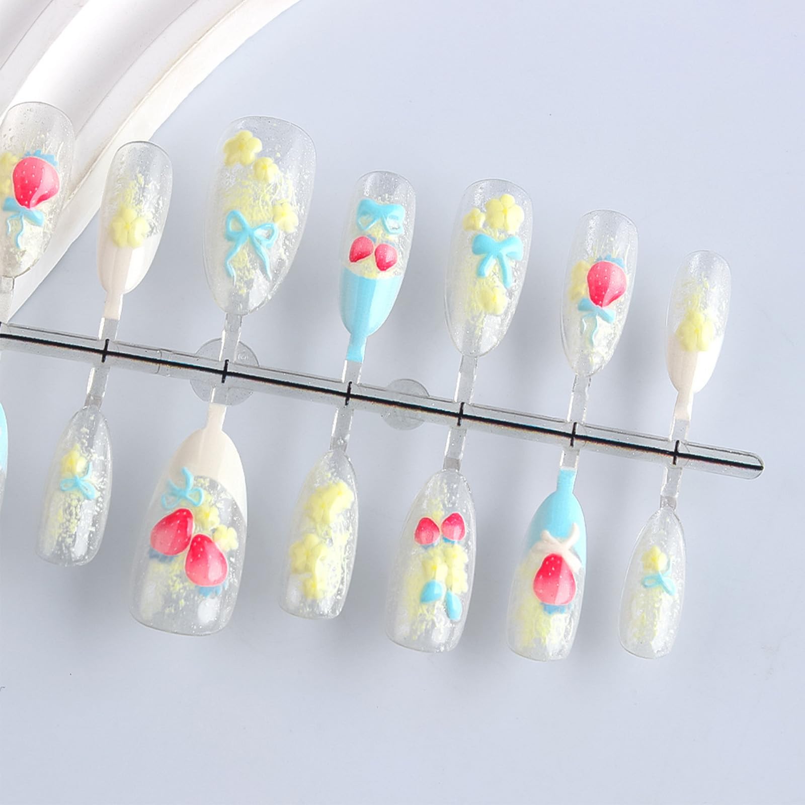 HZJXRT 24Pcs 3D Strawberry Press-On Nails – Almond Medium, Blue Bow Tie French Tips
