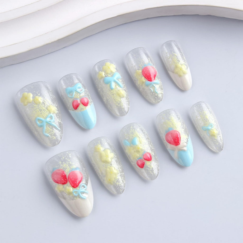 HZJXRT 24Pcs 3D Strawberry Press-On Nails – Almond Medium, Blue Bow Tie French Tips