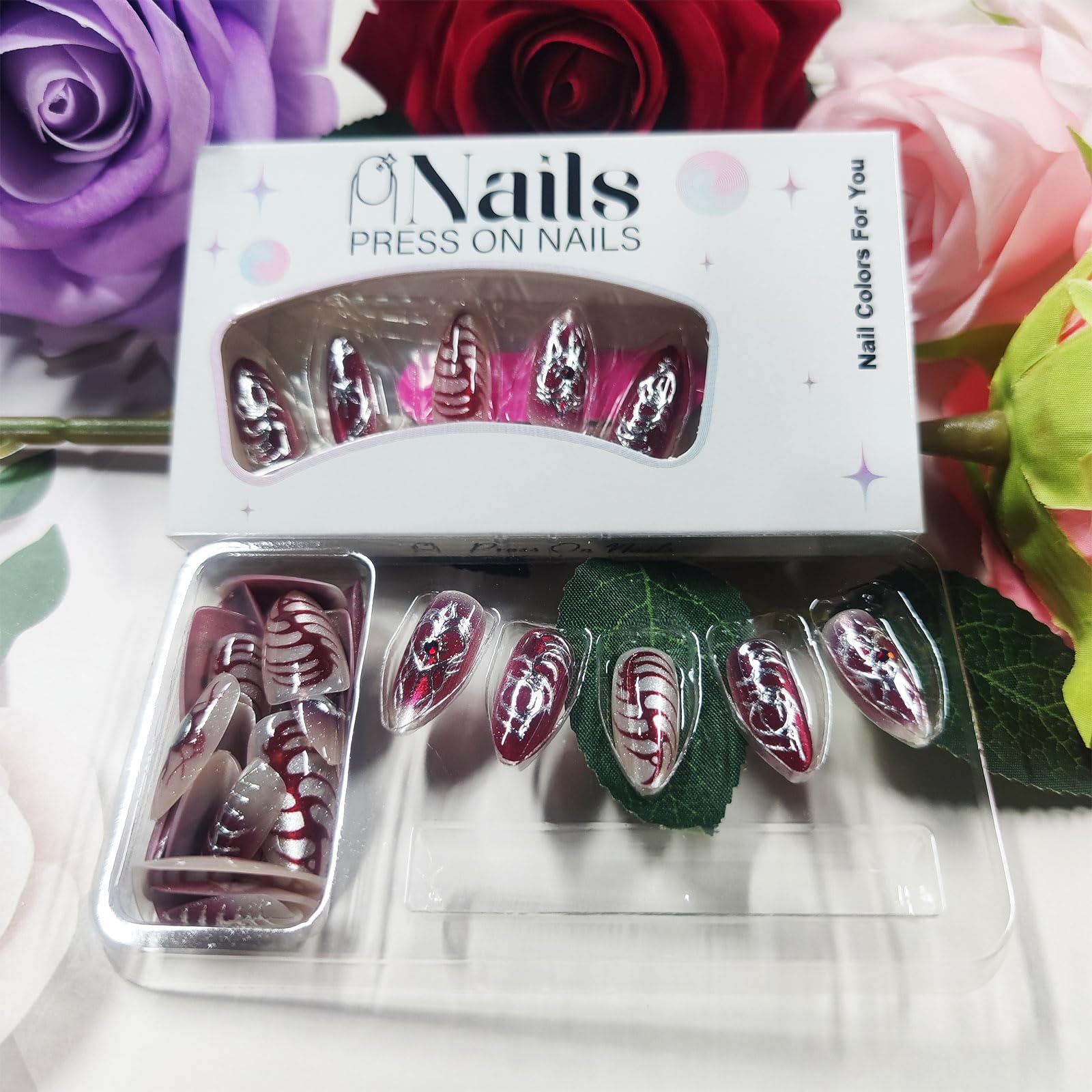 HZJXRT 24-Piece Love Heart Press-On Nails Set – 3D Sun Moon Almond Medium, Glitter Red, Glue-On Nails for Women