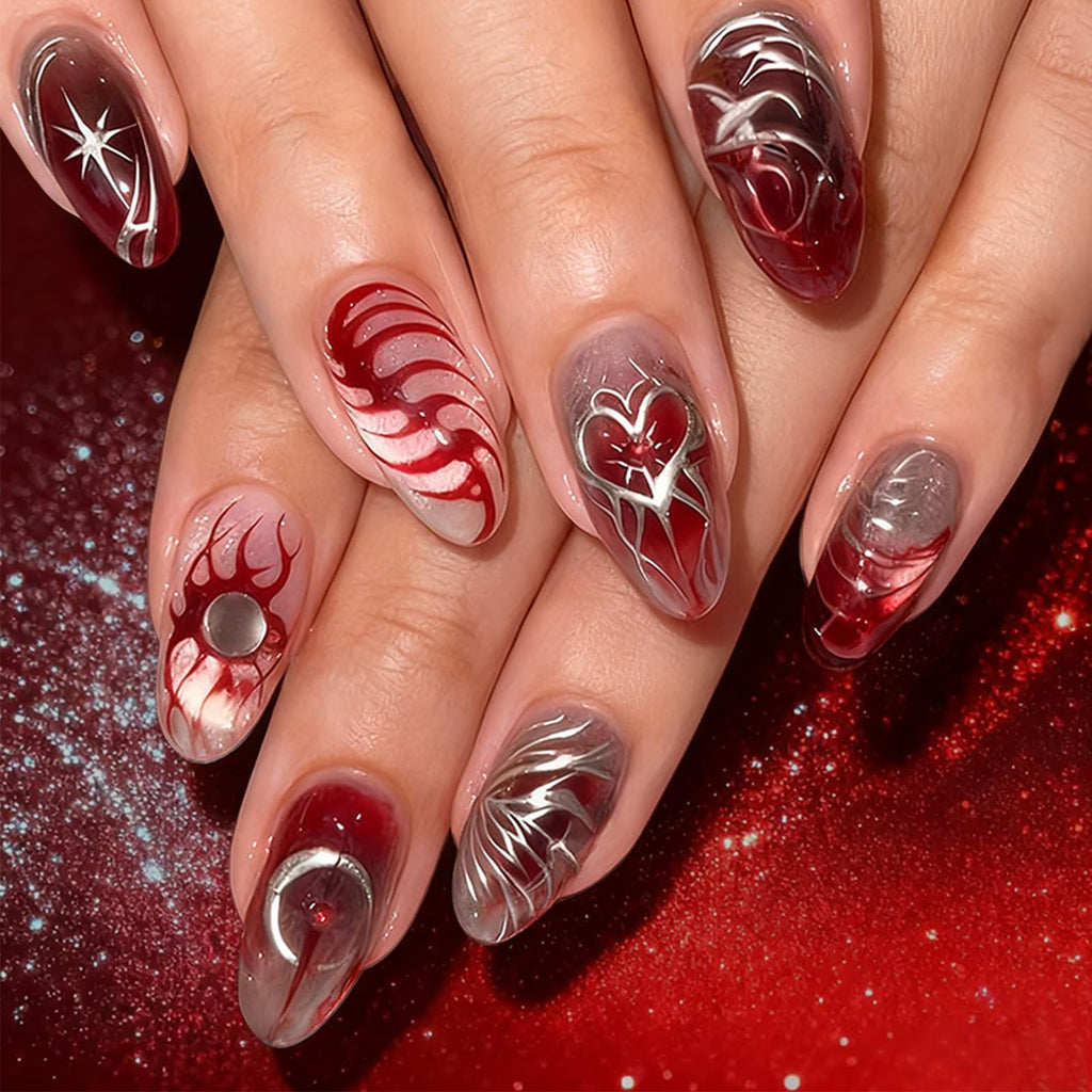 HZJXRT 24-Piece Love Heart Press-On Nails Set – 3D Sun Moon Almond Medium, Glitter Red, Glue-On Nails for Women