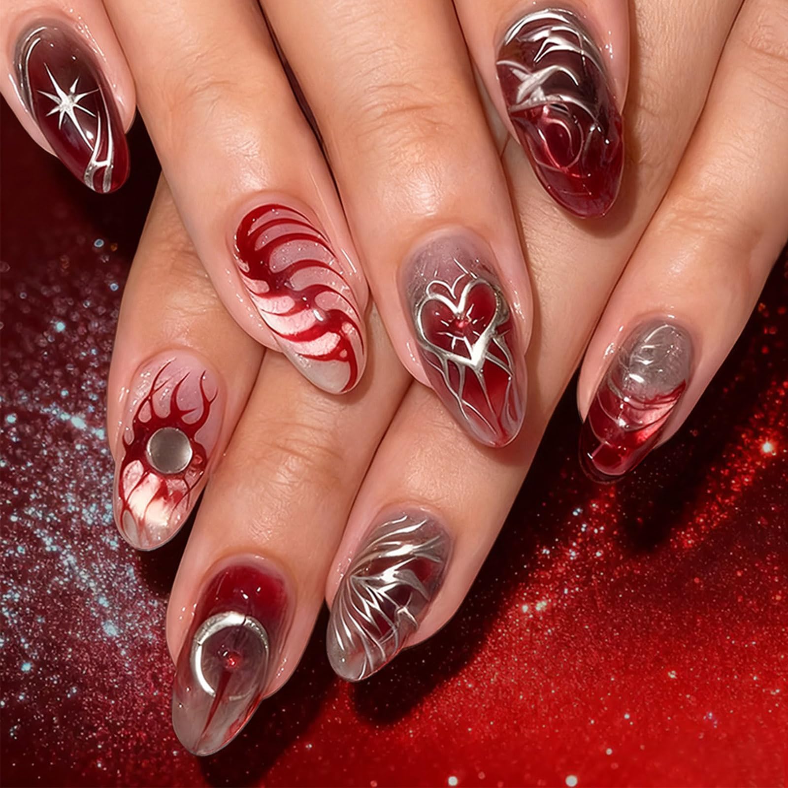 HZJXRT 24-Piece Love Heart Press-On Nails Set – 3D Sun Moon Almond Medium, Glitter Red, Glue-On Nails for Women
