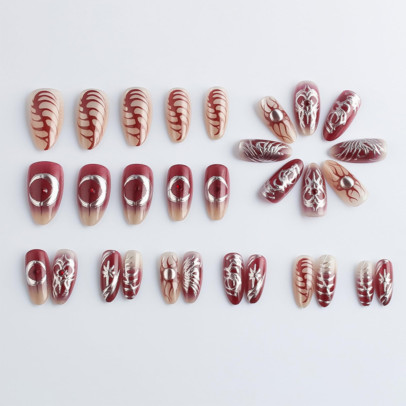 HZJXRT 24-Piece Love Heart Press-On Nails Set – 3D Sun Moon Almond Medium, Glitter Red, Glue-On Nails for Women