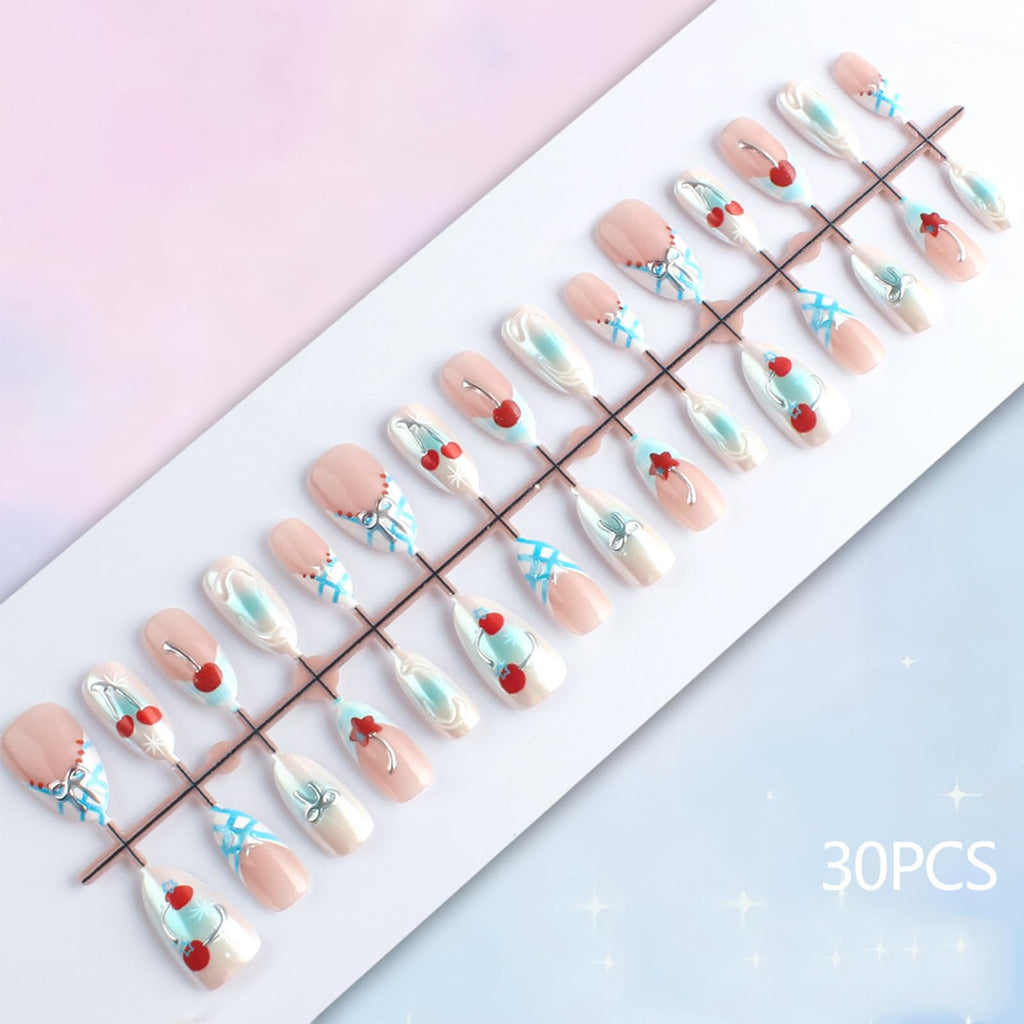 HZJXRT 3D Bow Tie Press-On Nails Cherry – Almond Medium, Blue Glitter French Tips, Red Stars (24Pcs)