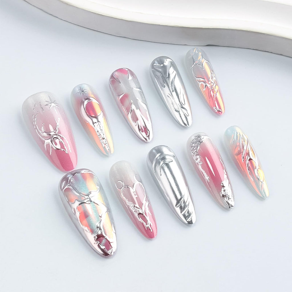 HZJXRT 30 Pcs 3D Love Heart Press-On Nails – Almond Medium, Glossy Pink Glitter Gradient for Valentine