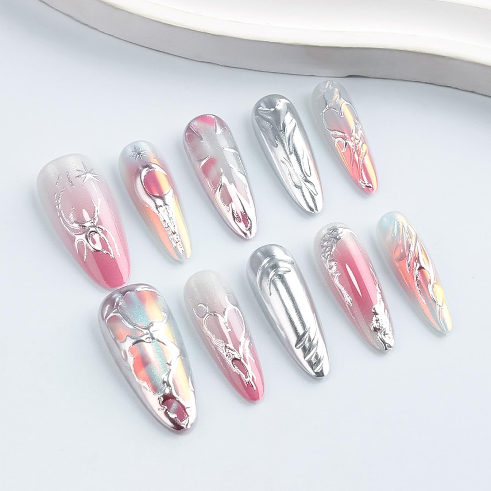 HZJXRT 30 Pcs 3D Love Heart Press-On Nails – Almond Medium, Glossy Pink Glitter Gradient for Valentine