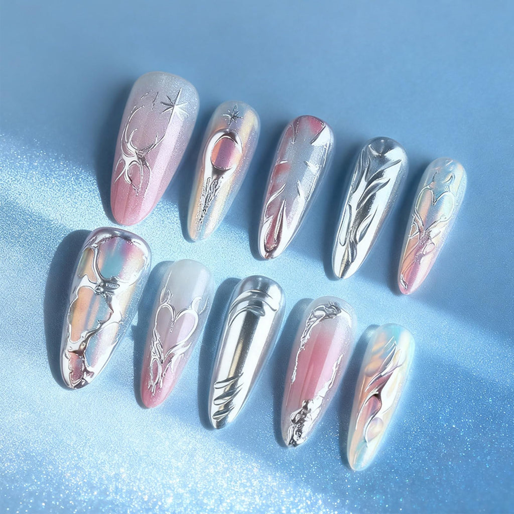 HZJXRT 30 Pcs 3D Love Heart Press-On Nails – Almond Medium, Glossy Pink Glitter Gradient for Valentine