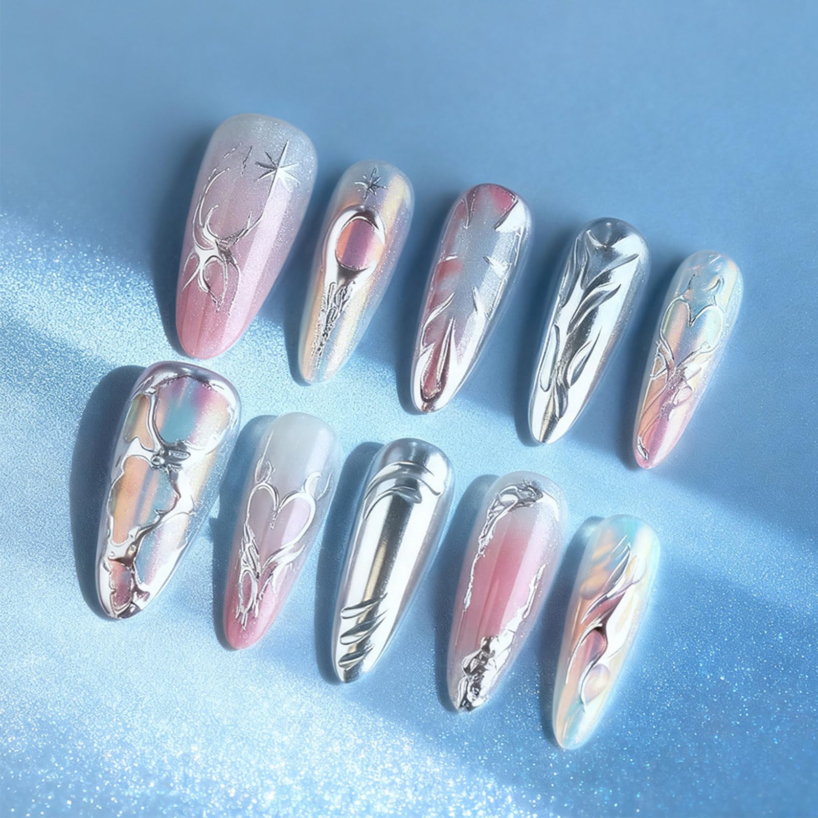 HZJXRT 30 Pcs 3D Love Heart Press-On Nails – Almond Medium, Glossy Pink Glitter Gradient for Valentine