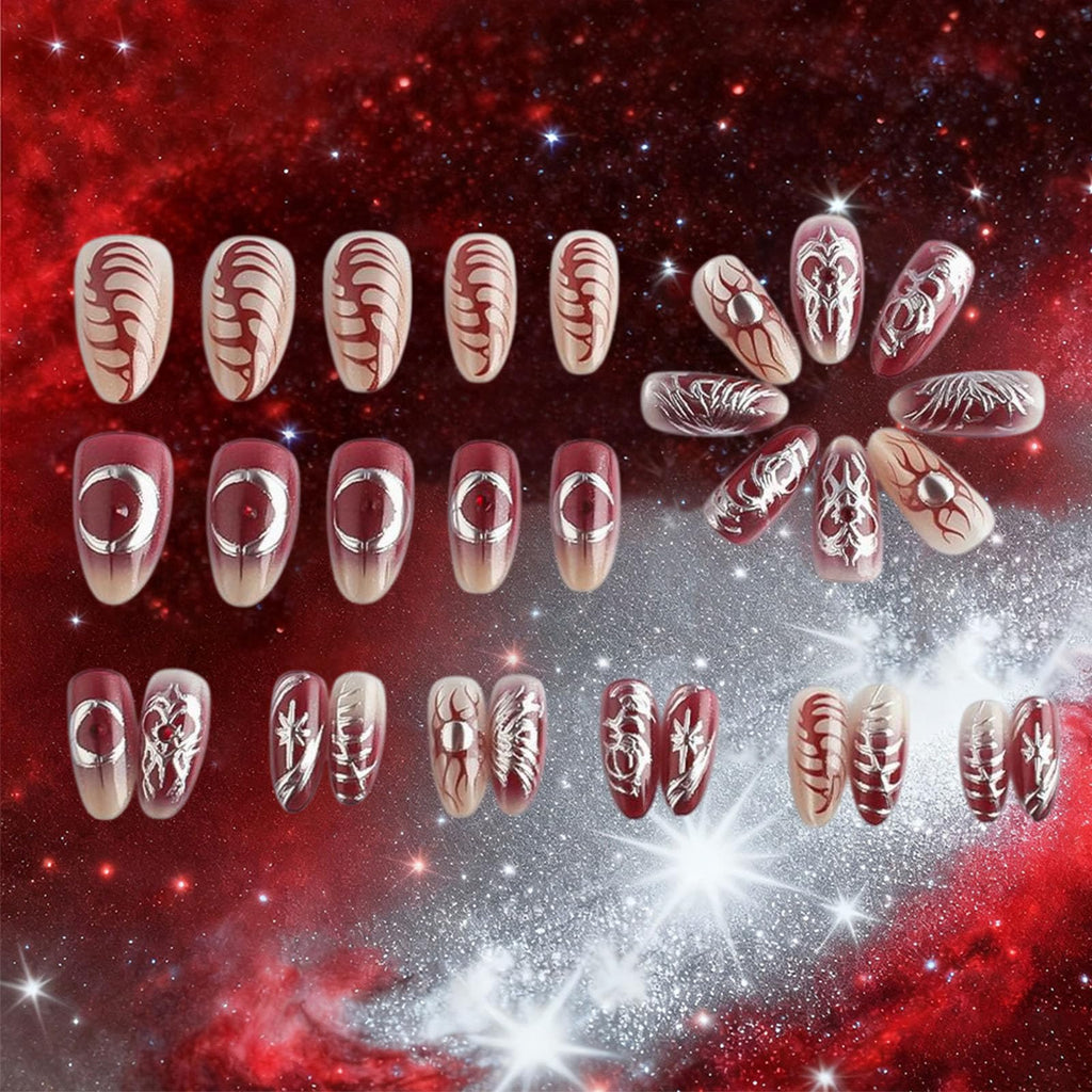 HZJXRT 24-Piece Love Heart Press-On Nails Set – 3D Sun Moon Almond Medium, Glitter Red, Glue-On Nails for Women