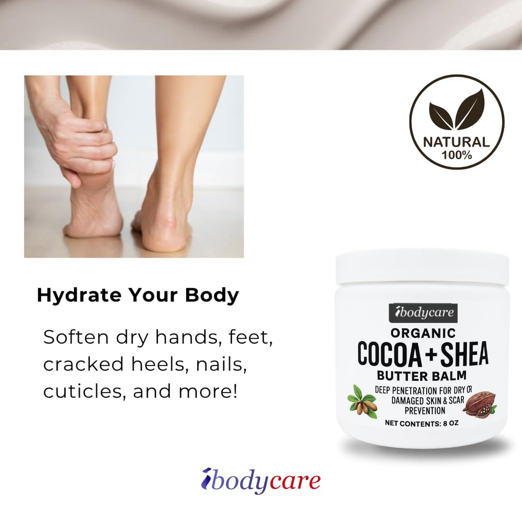 ibodycare Organic Raw Shea Butter Cocoa Butter Body Balm with Coconut Oil – 8 oz