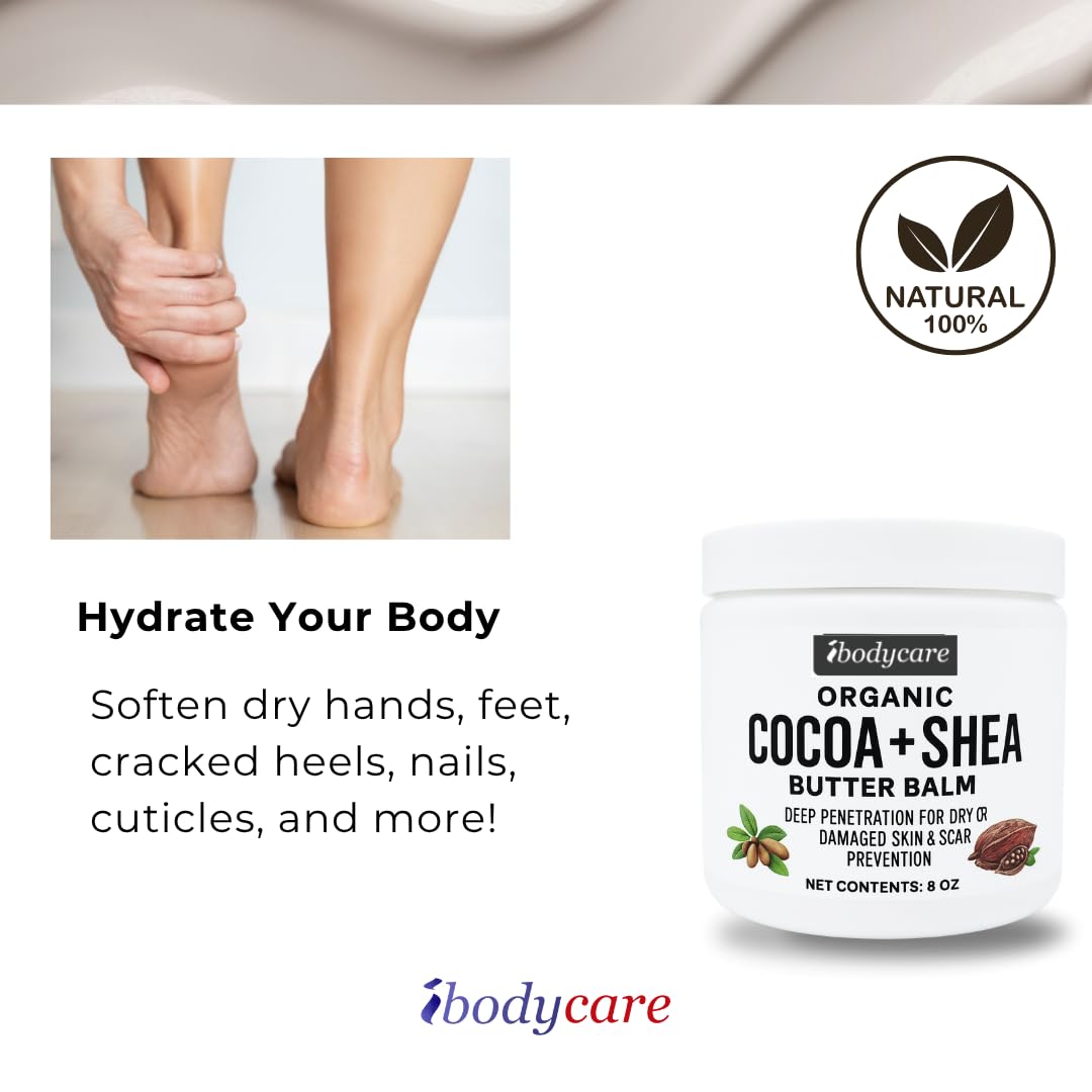 ibodycare Organic Raw Shea Butter Cocoa Butter Body Balm with Coconut Oil – 8 oz