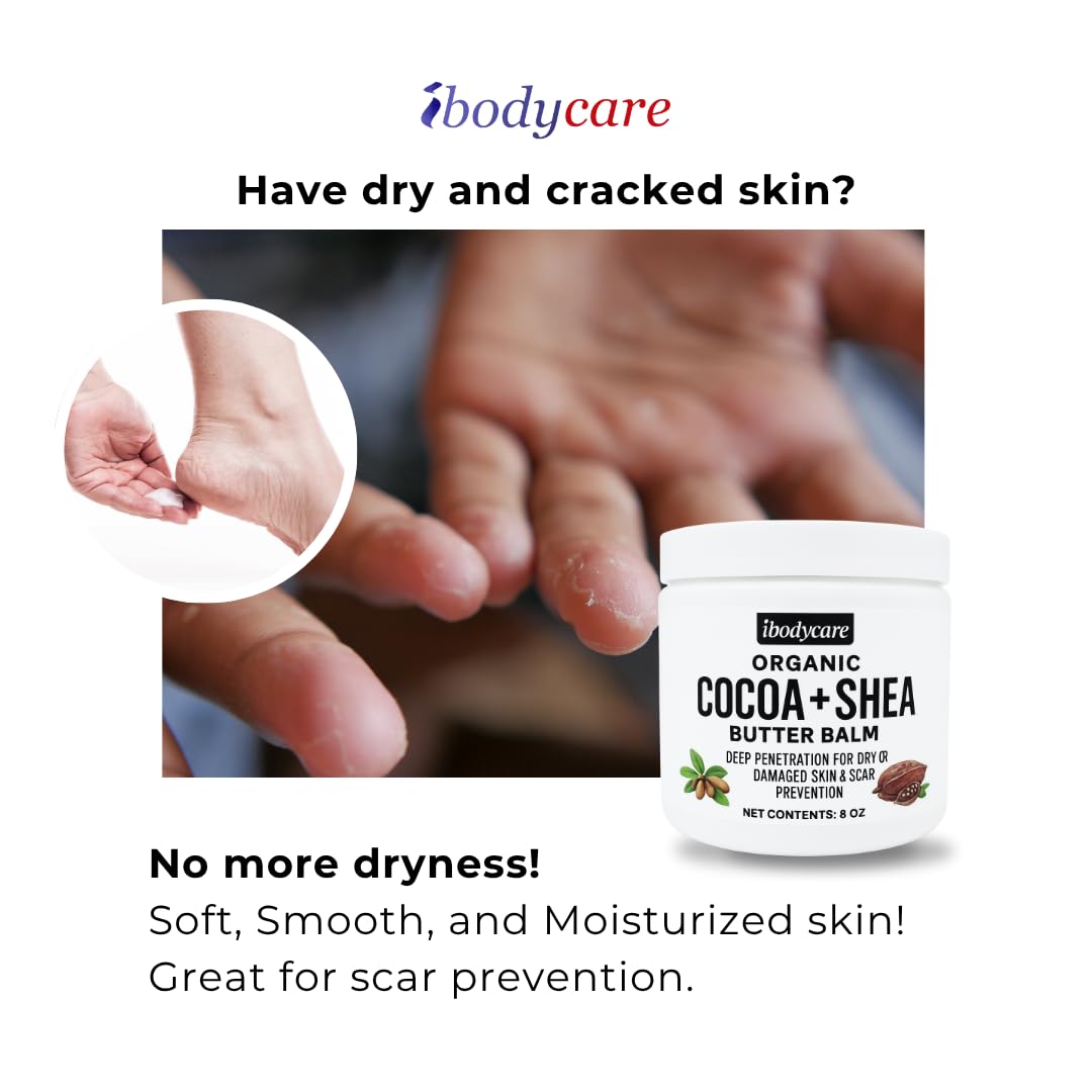ibodycare Organic Raw Shea Butter Cocoa Butter Body Balm with Coconut Oil – 8 oz