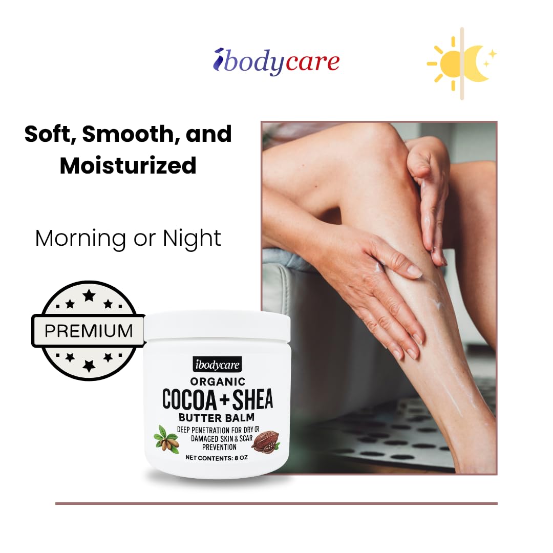 ibodycare Organic Raw Shea Butter Cocoa Butter Body Balm with Coconut Oil – 8 oz