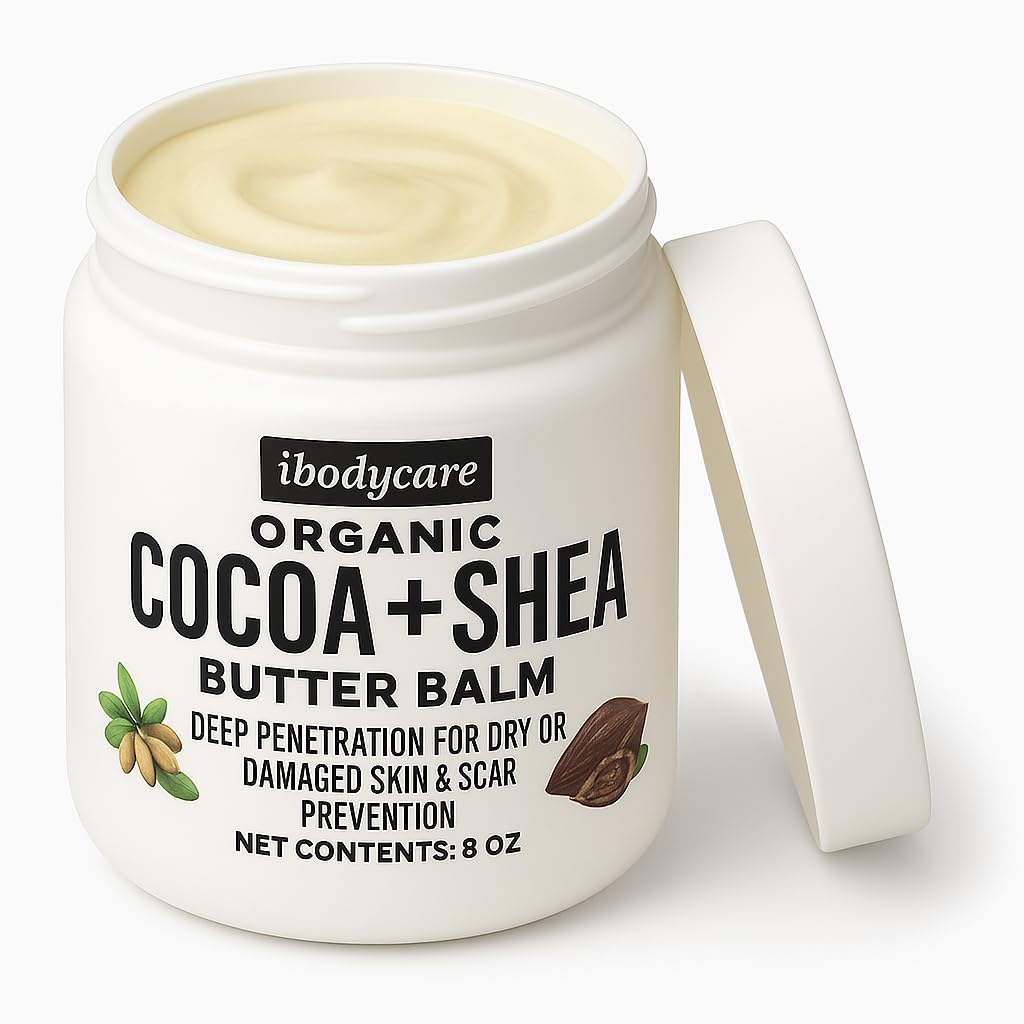 ibodycare Organic Raw Shea Butter Cocoa Butter Body Balm with Coconut Oil – 8 oz