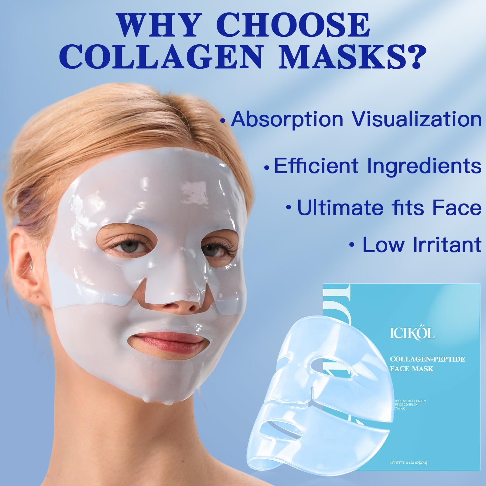 ICIKOL Deep Hydrolyzed Collagen Mask 4-Pack – Age-Defying Sheet Mask with Peptides & Hyaluronic Acid