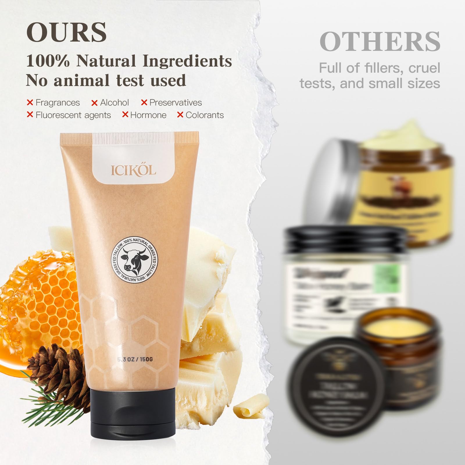 ICIKOL Organic Beef Tallow Honey Balm – Whipped Moisturizer for Face & Body, Cedarwood, 5.3 oz