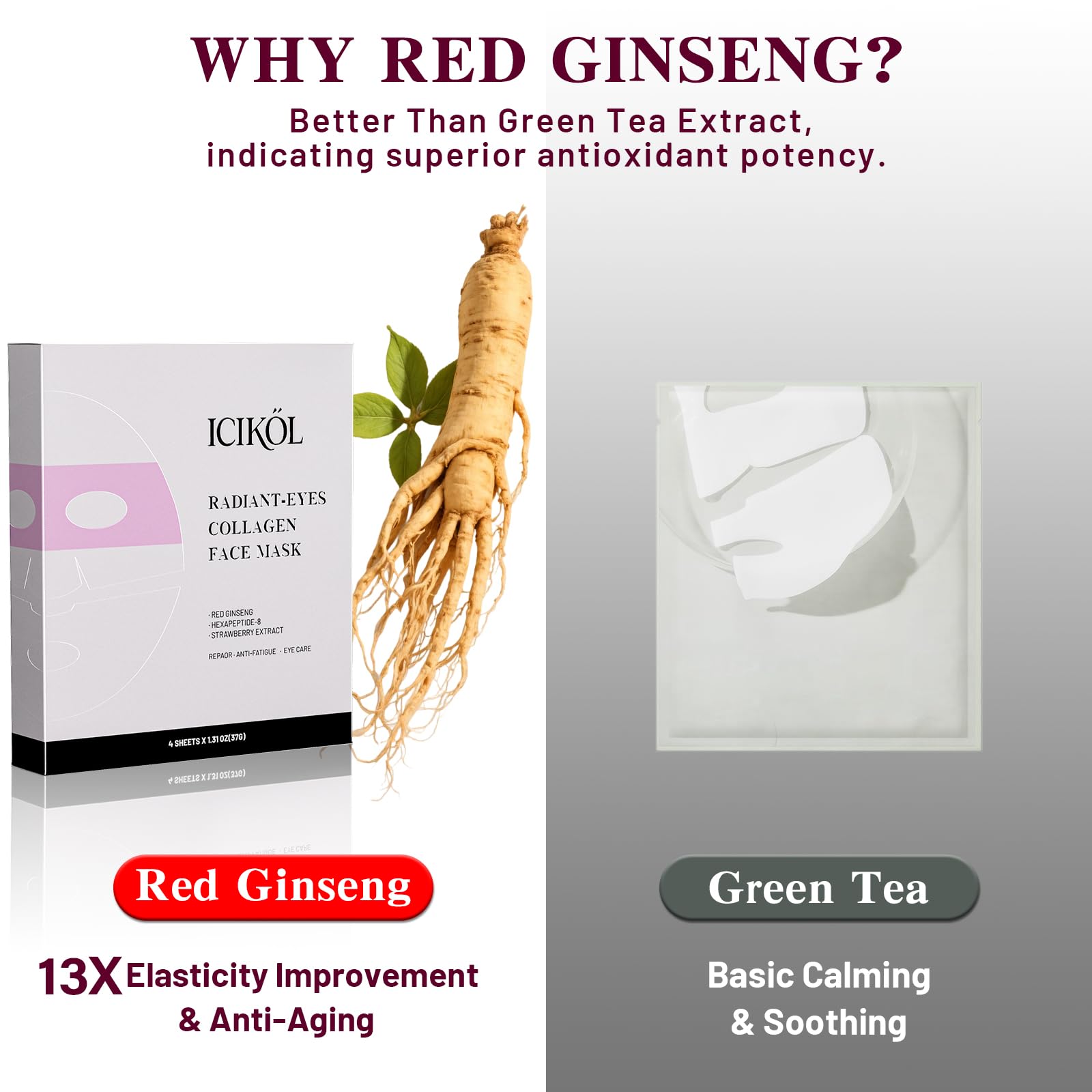 ICIKOL Collagen Face Mask with Ginseng & Peptides – 4 Sheets