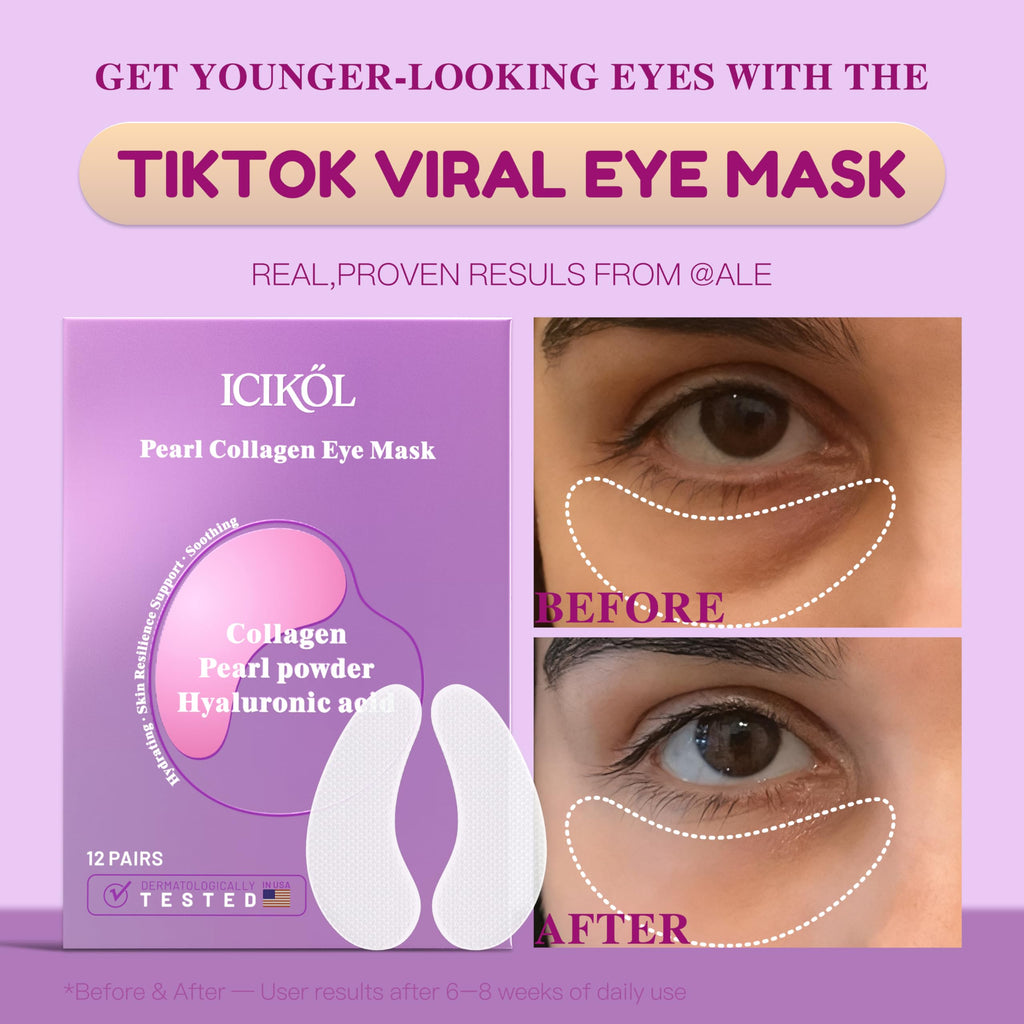 ICIKOL Collagen Under Eye Patches Mask – Deep Hydration & Puffiness Reduction (12 Pairs, Pearl Powder)