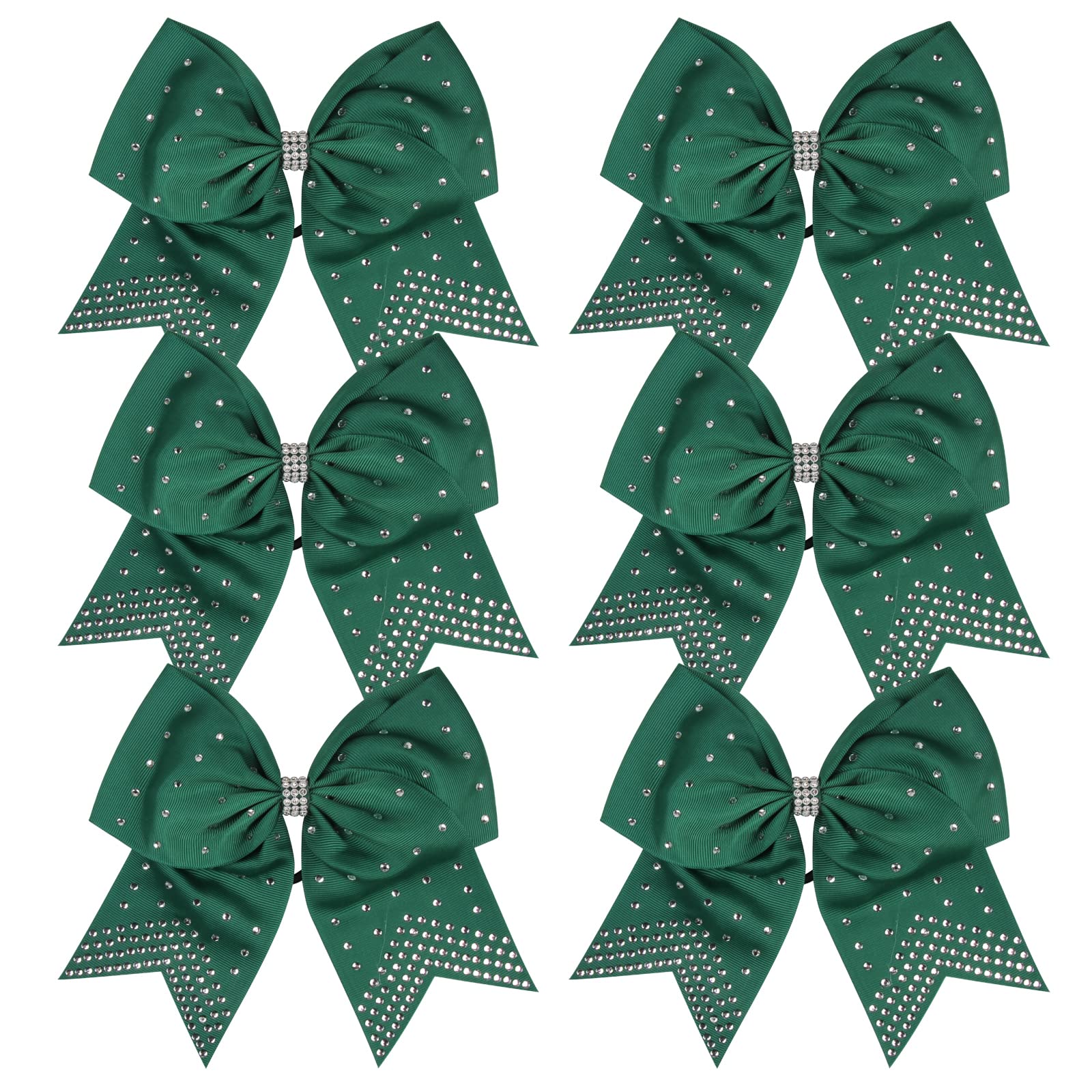 ICObuty 8-Inch Forest Green Cheerleader Bows with Rhinestones – 6 Pack Ponytail Holders