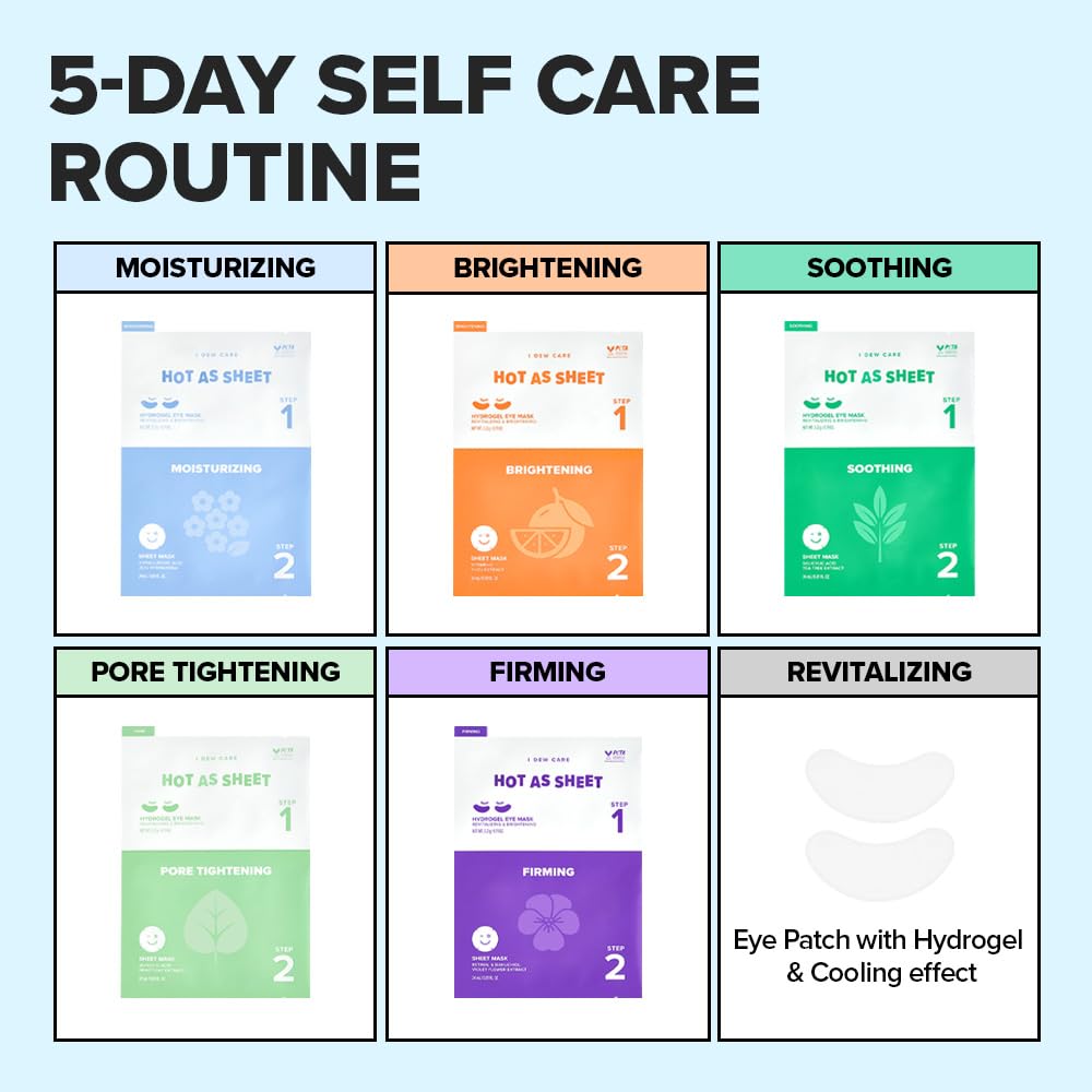 I DEW CARE Collagen Sheet Mask Variety Pack with Eye Patches – 5 Days of Korean Skincare