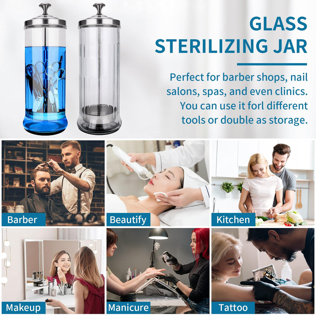 IEBARBER Disinfectant Sterilizer Jar – 37oz Glass with Removable Filter Basket for Salon Tools