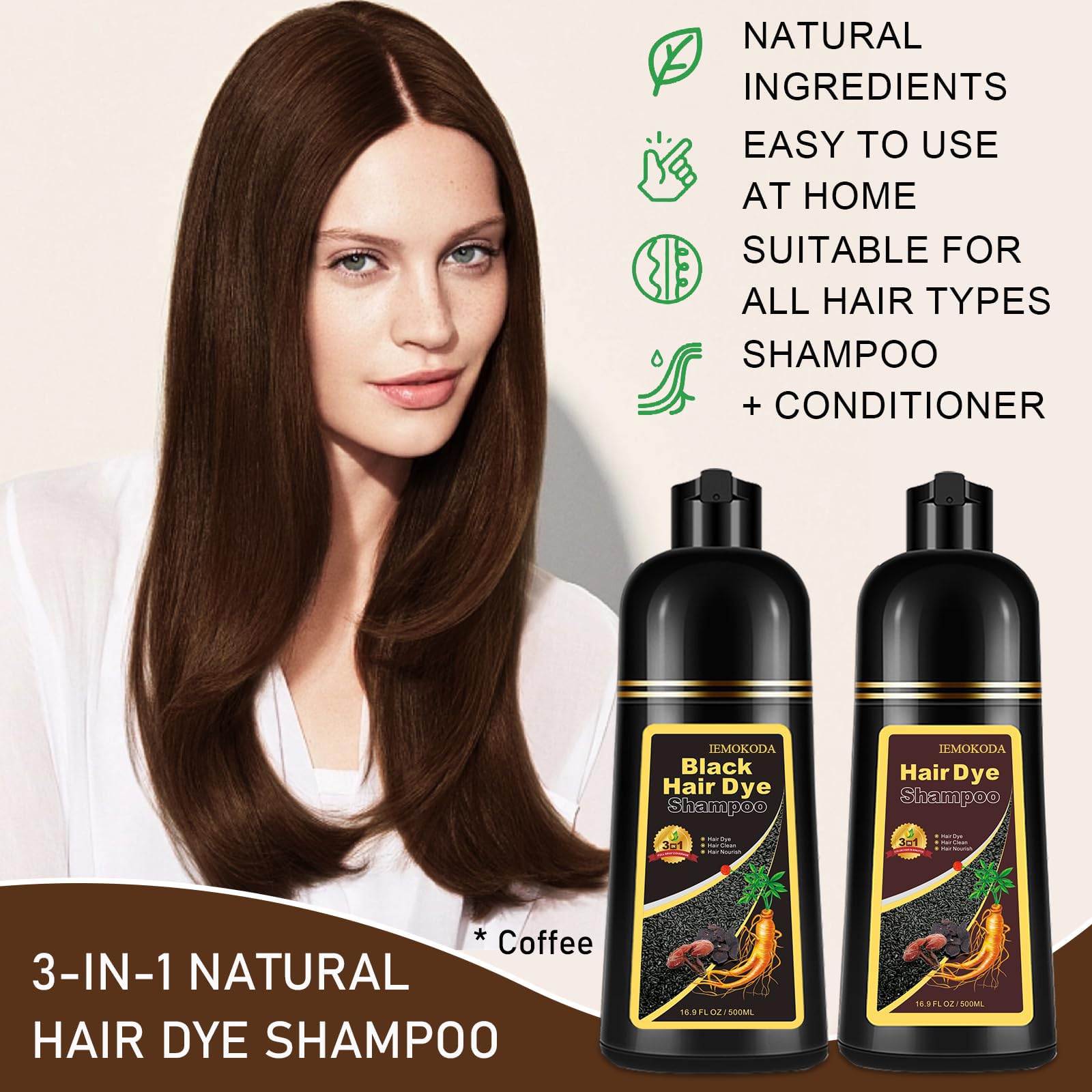 iemokoda Hair Dye Shampoo for Gray Hair – 3-in-1 Coffee Color, Easy At-Home Coverage