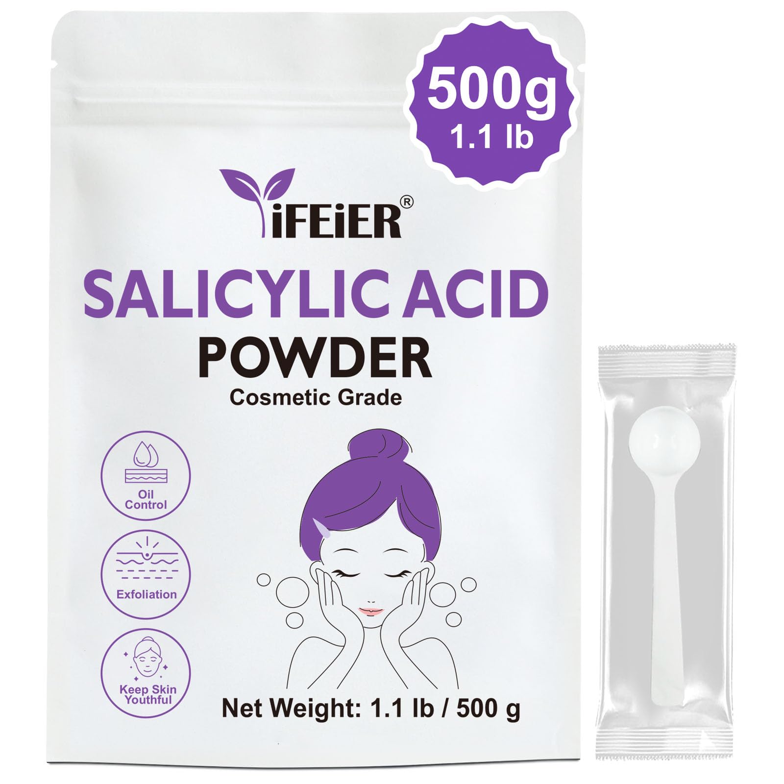 iFEiER Pure Salicylic Acid Powder – Cosmetic Grade 500 g for DIY Exfoliation, Skincare, Hair & Body
