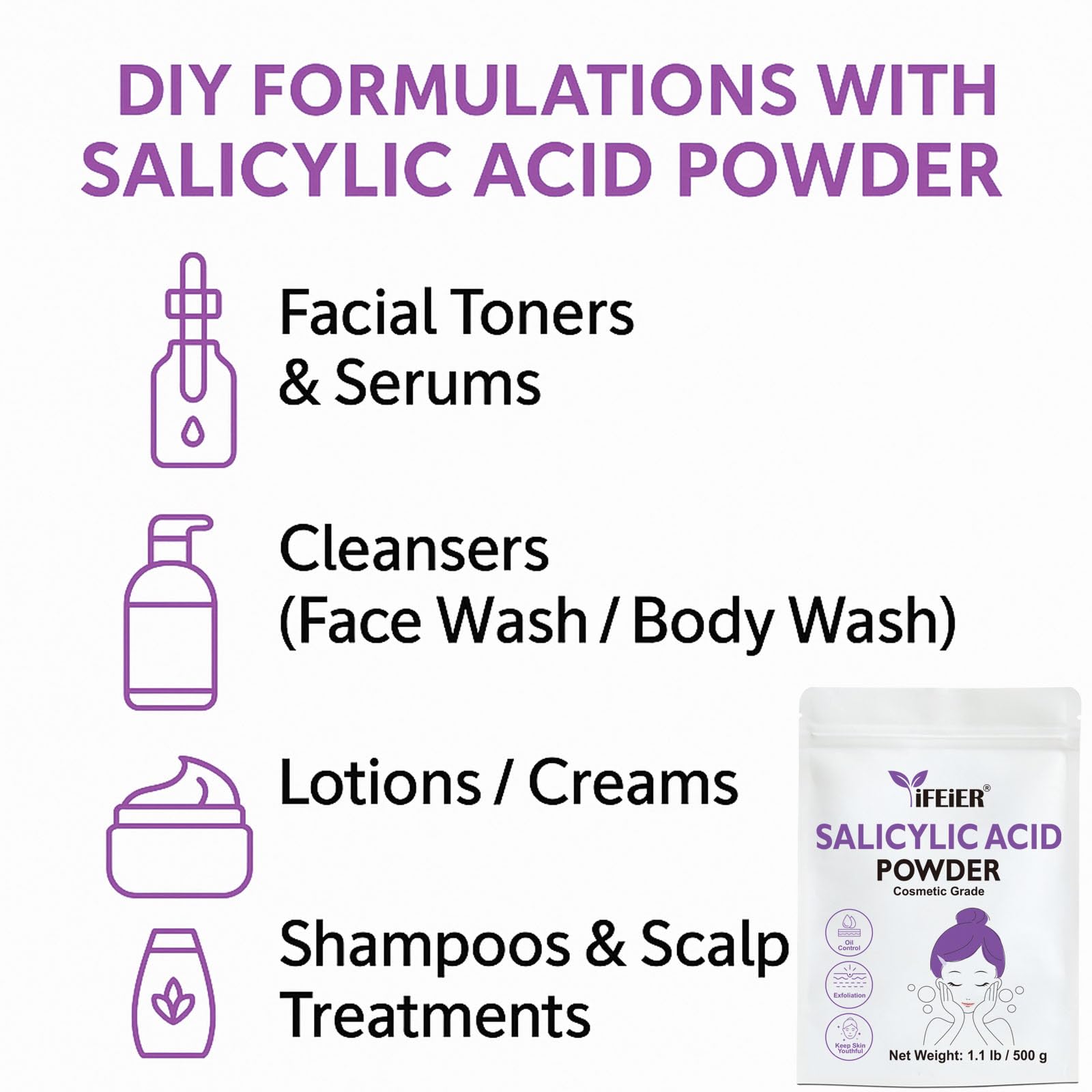 iFEiER Pure Salicylic Acid Powder – Cosmetic Grade 500 g for DIY Exfoliation, Skincare, Hair & Body