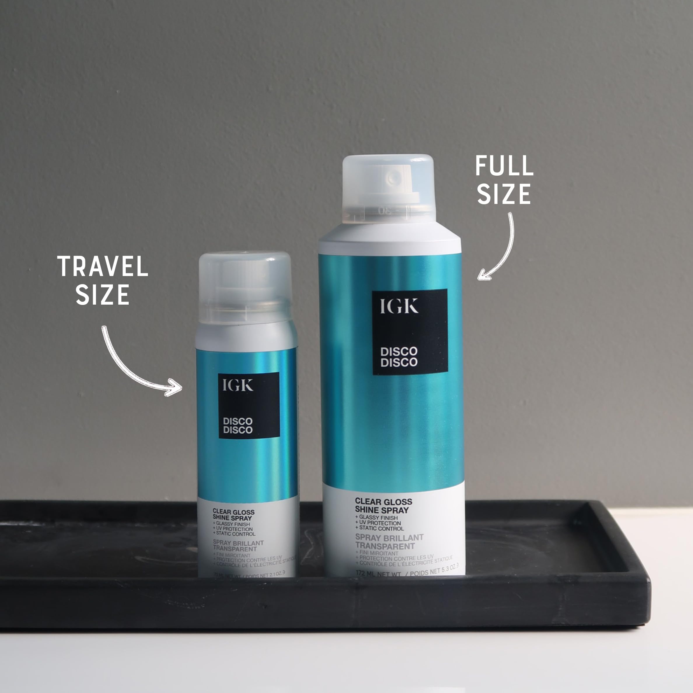 IGK Disco Disco Clear Gloss Hair Shine Spray — 5.3 oz + 2.1 oz Travel Size Pack | Lightweight, High-Shine Finish