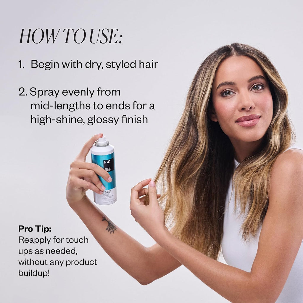 IGK Disco Disco Clear Gloss Hair Shine Spray — 5.3 oz + 2.1 oz Travel Size Pack | Lightweight, High-Shine Finish