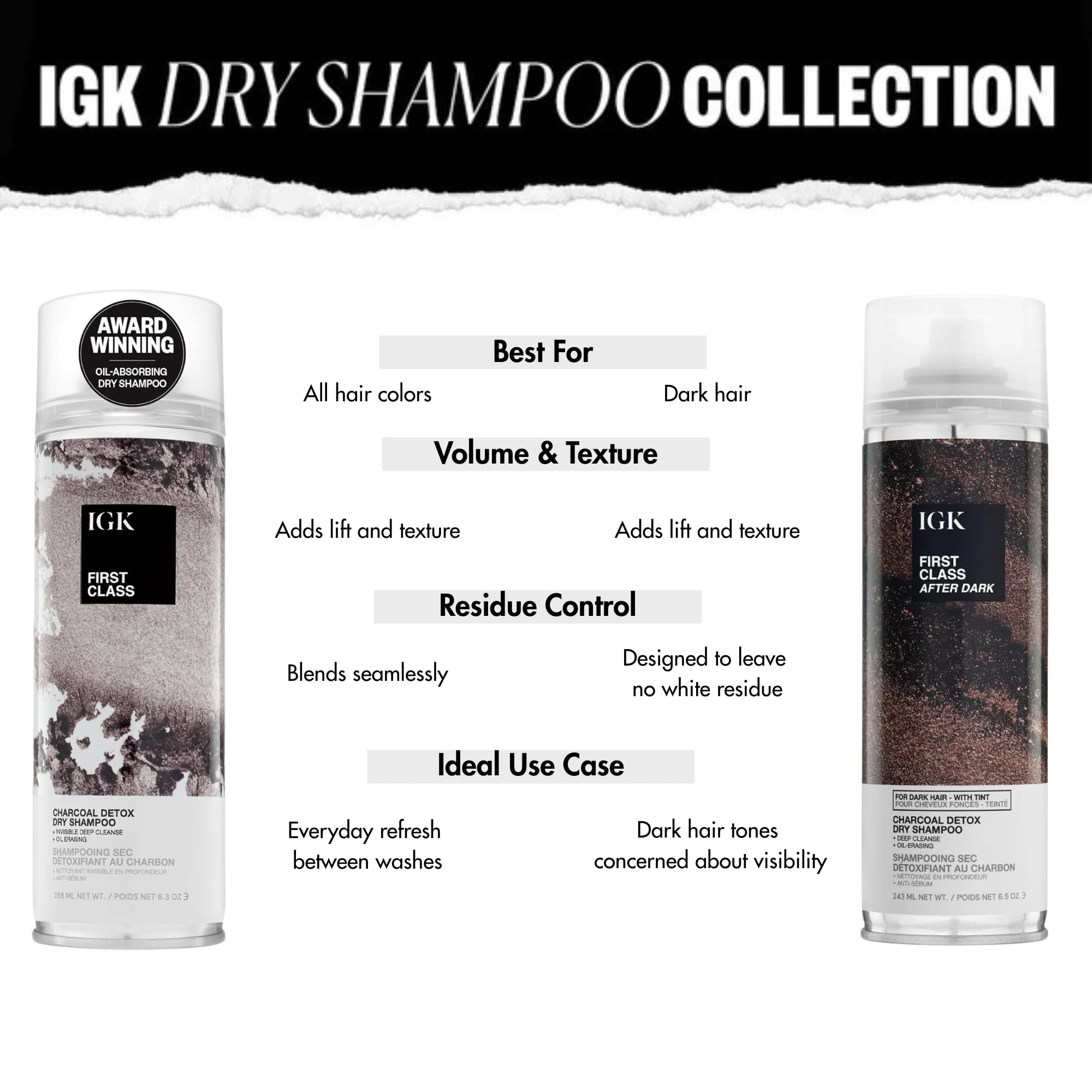 IGK First Class After Dark Charcoal Dry Shampoo for Dark Hair – No White Residue, 6.5 oz