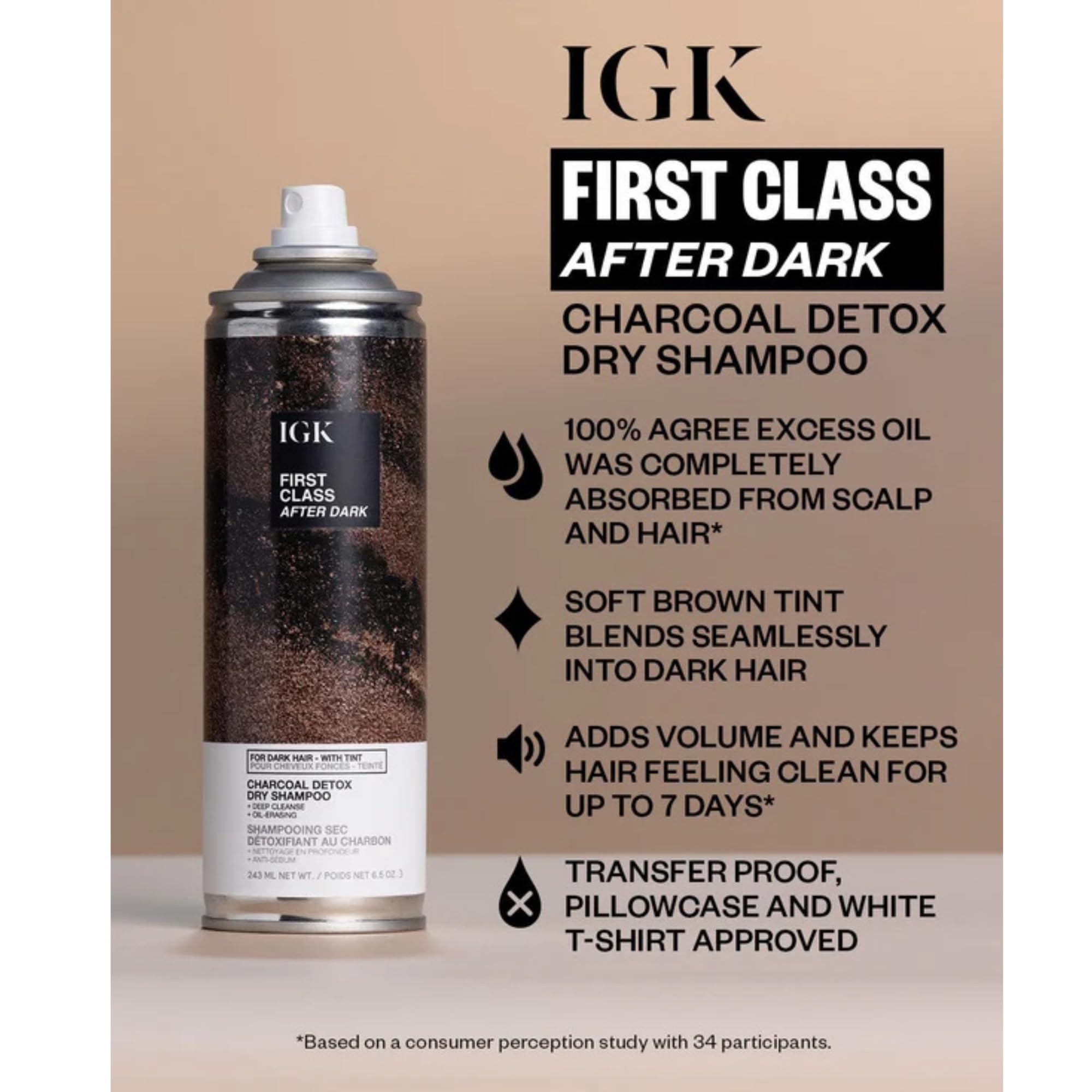 IGK First Class After Dark Charcoal Dry Shampoo for Dark Hair – No White Residue, 6.5 oz