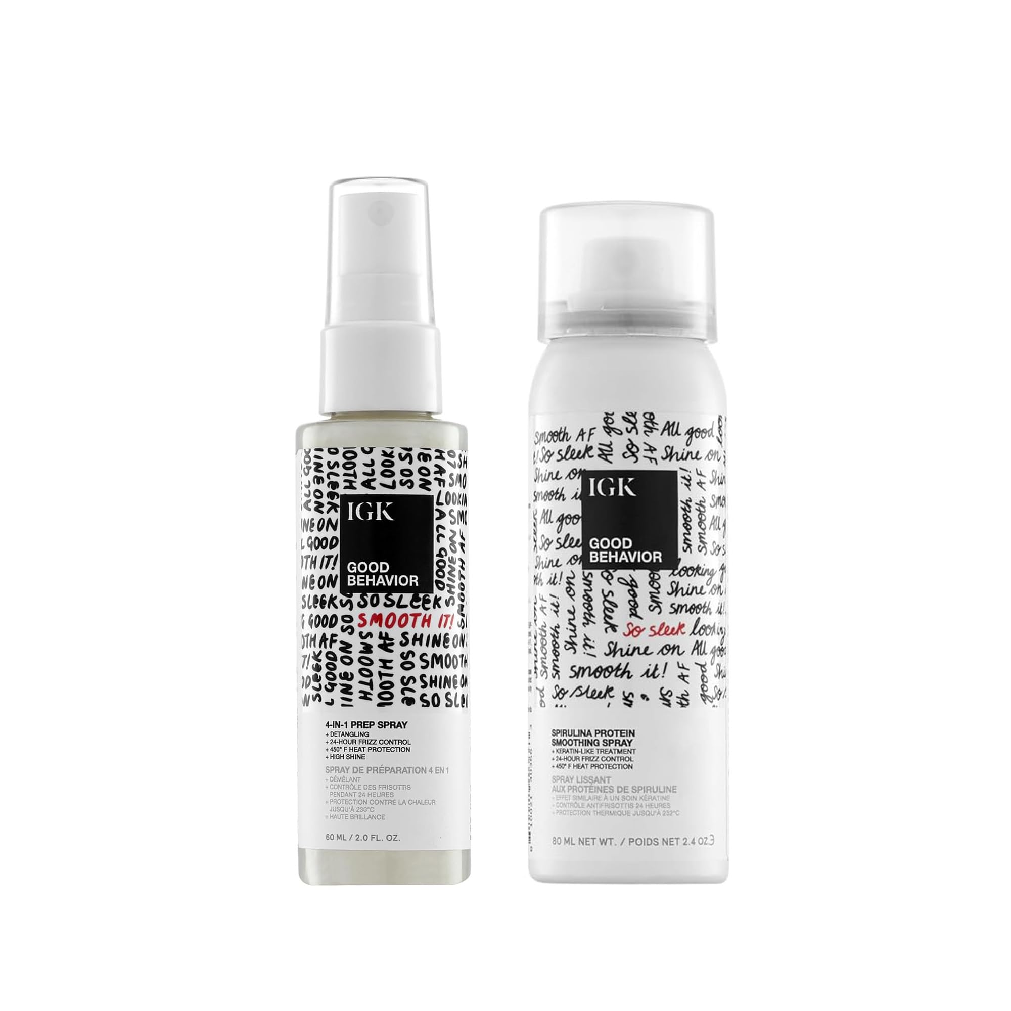 IGK GOOD BEHAVIOR Travel Set – 4-in-1 Prep Spray + Spirulina Protein Smoothing Spray | Frizz Control & Heat Protection