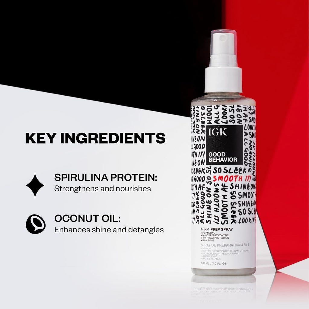 IGK GOOD BEHAVIOR Travel Set – 4-in-1 Prep Spray + Spirulina Protein Smoothing Spray | Frizz Control & Heat Protection