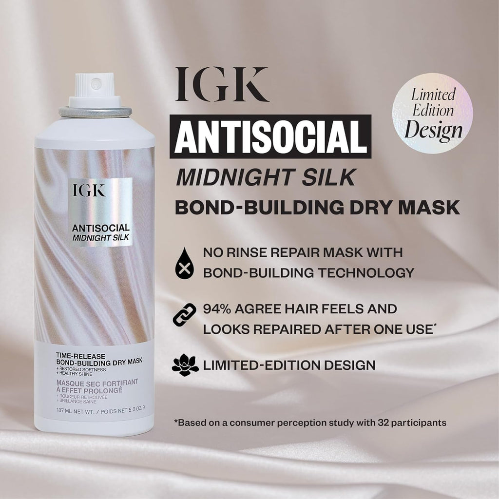 IGK Hair Treatment Full Size Set – Antisocial Dry Hair Mask + Good Behavior Spirulina Spray | Overnight Bond-Building & Keratin-Like Smoothing