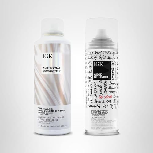 IGK Hair Treatment Full Size Set – Antisocial Dry Hair Mask + Good Behavior Spirulina Spray | Overnight Bond-Building & Keratin-Like Smoothing
