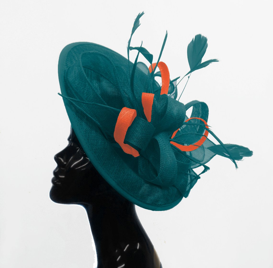 Big Saucer Sinamay Teal Turquoise & Orange Mixed Colour Fascinator On Headband