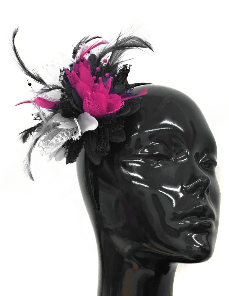 Corsagemix - Black White and Fuchsia Pink Flower Fascinator on Headband