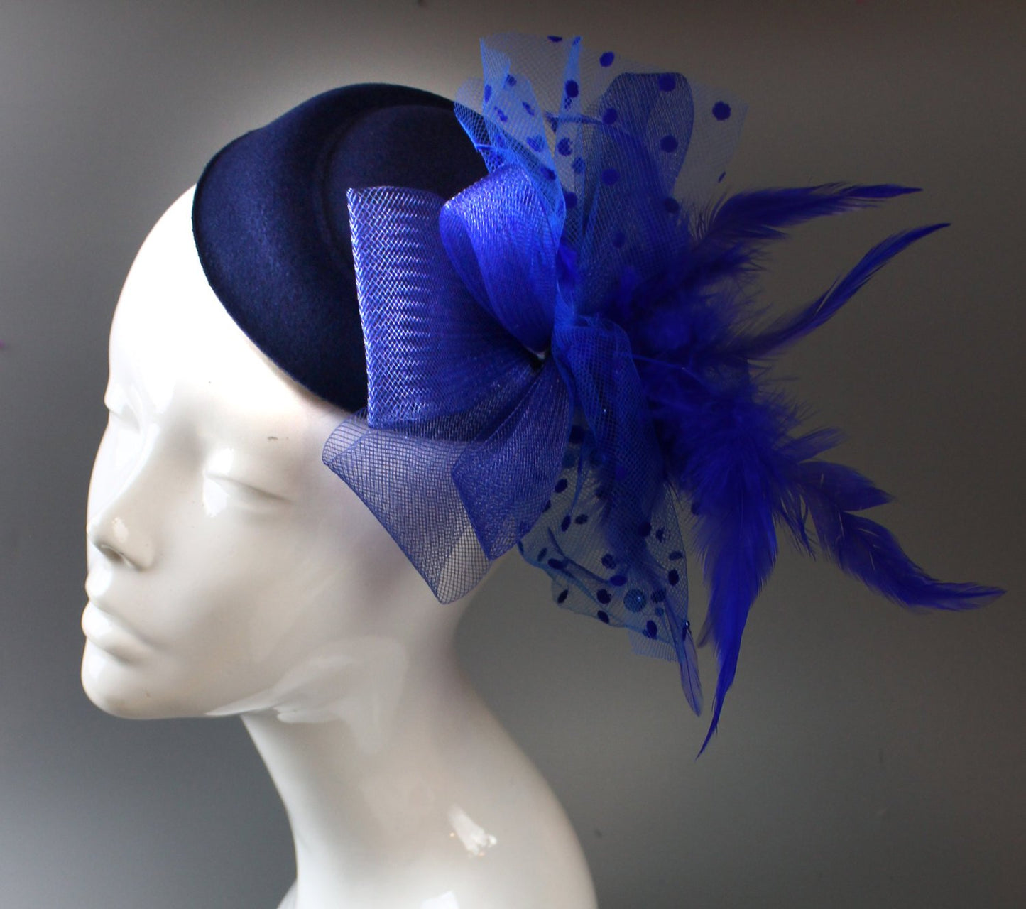 Caprilite Navy Blue & Royal Fascinator Pill Box Veil Hatinator UK Wedding Ascot Races  Clip Felt