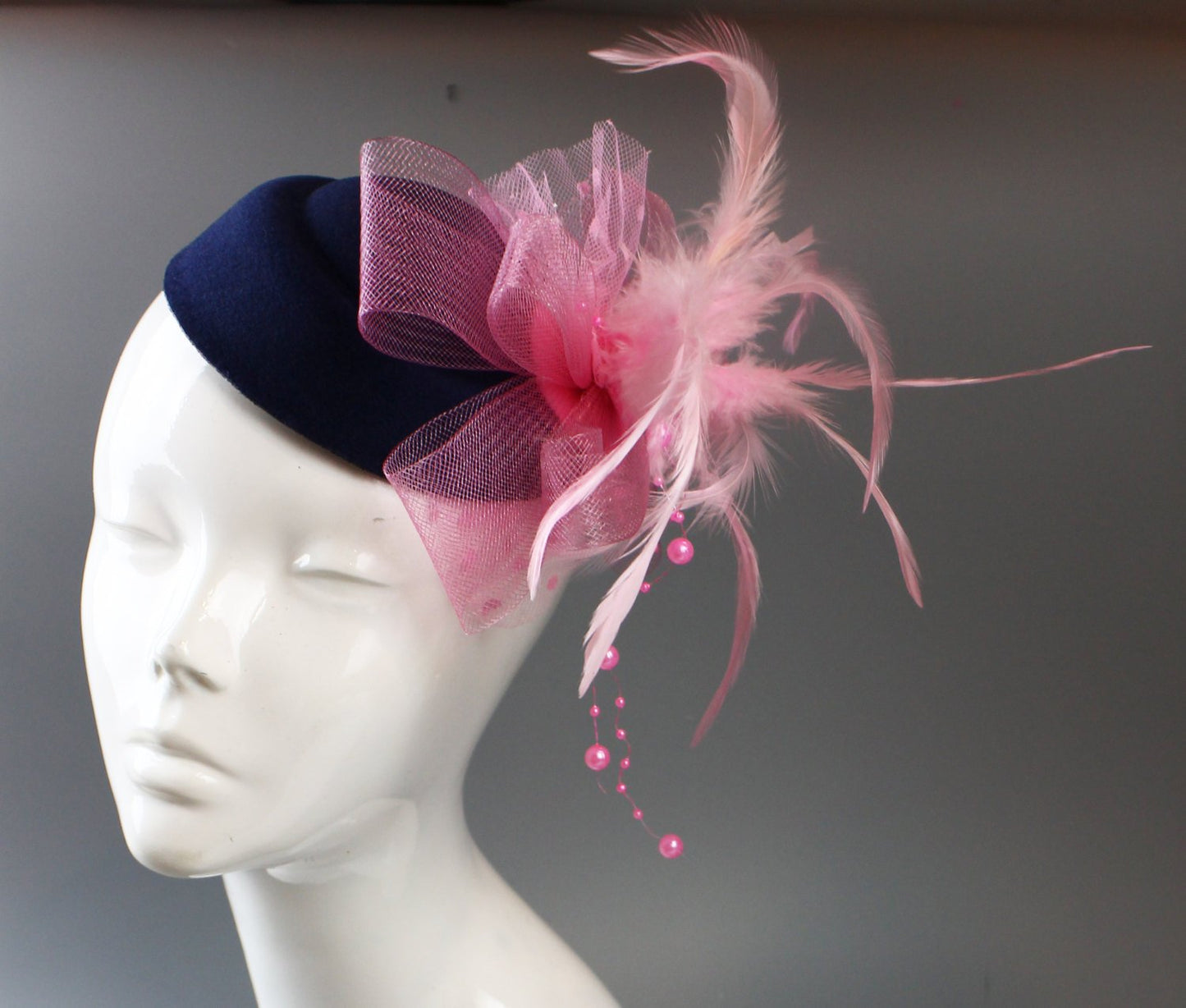 Caprilite Navy Blue & Baby Pink Fascinator Pill Box Veil Hatinator UK Wedding Ascot Races  Clip Felt