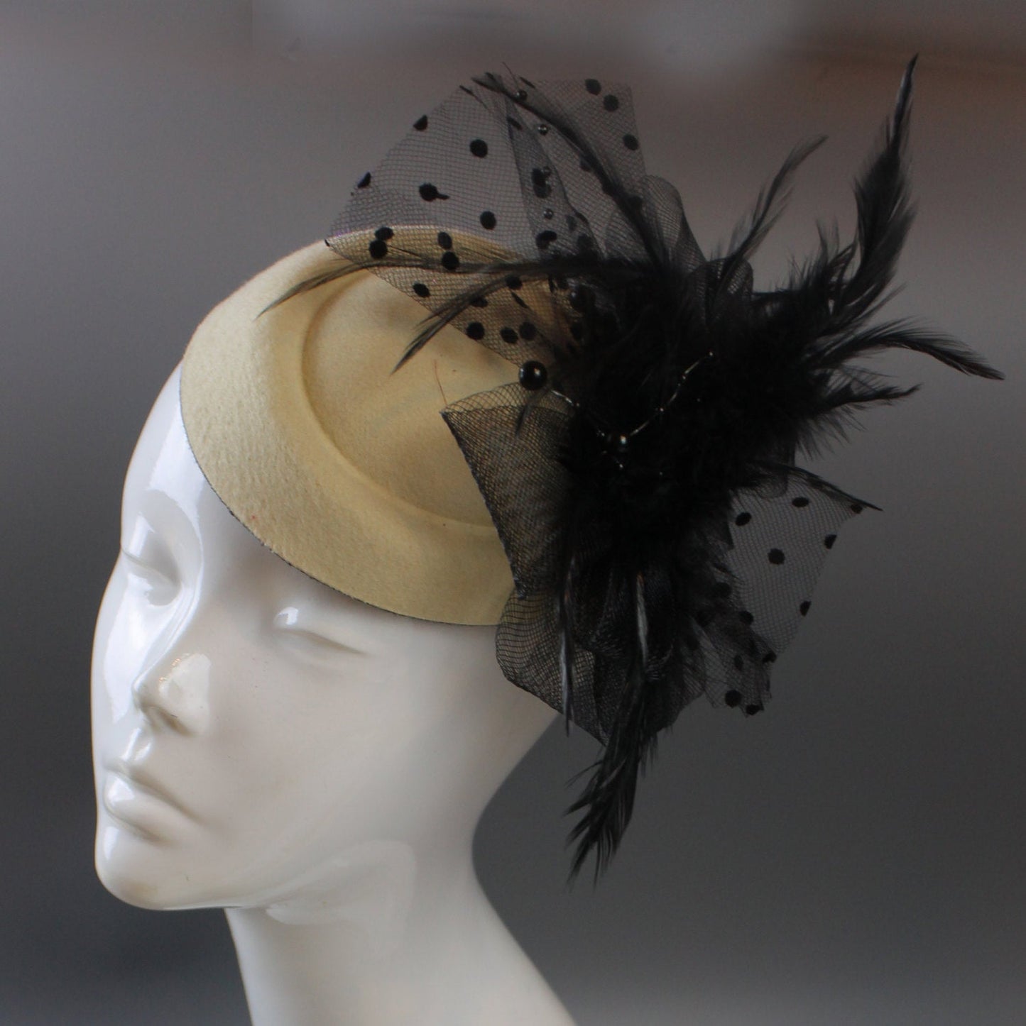 Caprilite Cream Ivory and Black Hat Pill Box Veil Hatinator UK Wedding Ascot Races Clip Felt