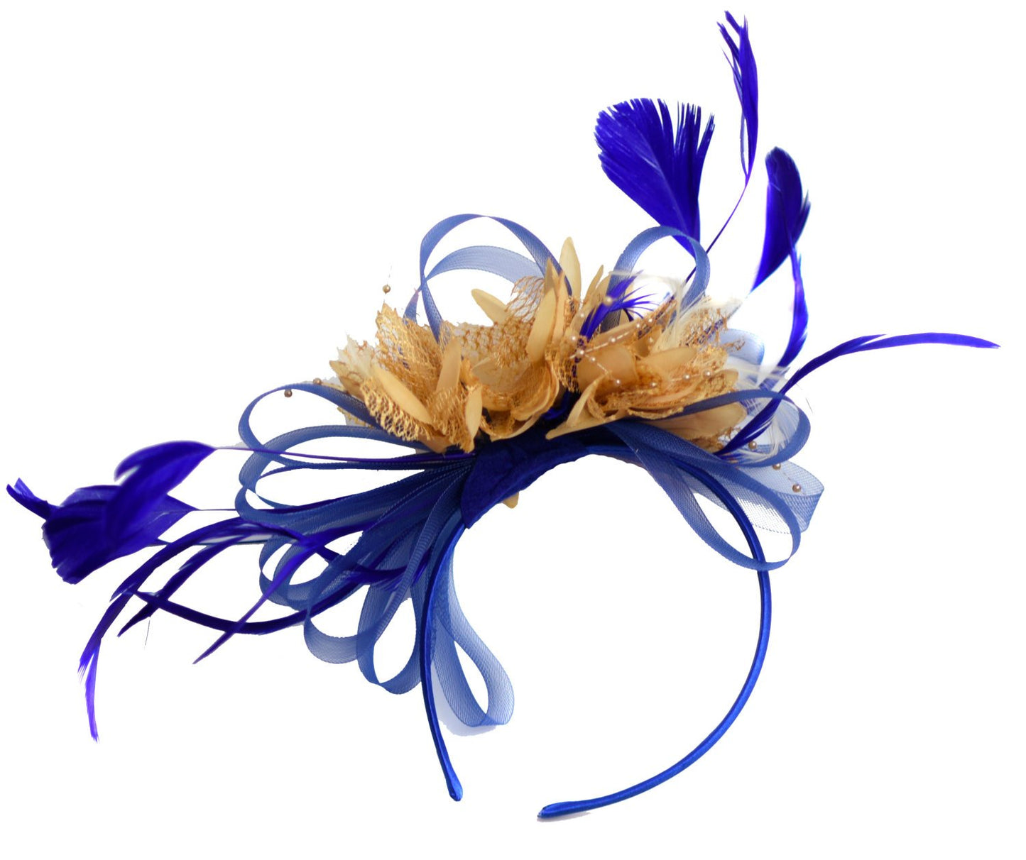Caprilite Royal Blue and Beige Fascinator on Headband Alice Band UK Wedding Ascot Races Derby