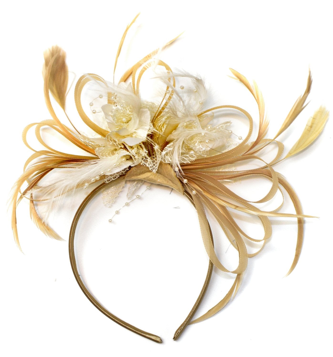Caprilite Champagne Gold Beige Camel and Cream Fascinator on Headband Alice Band UK Wedding Ascot Races Derby