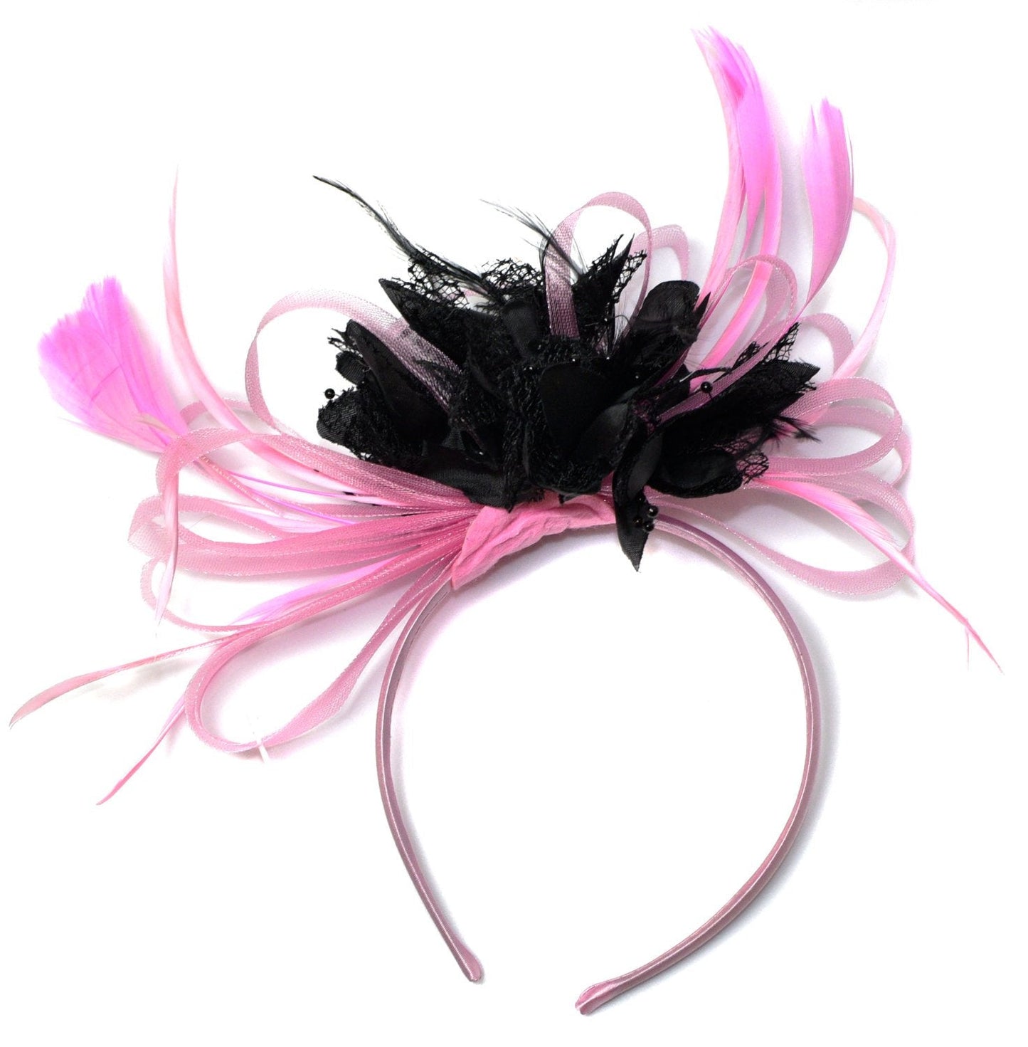Caprilite Baby Pink and Black Fascinator on Headband Alice Band UK Wedding Ascot Races Derby
