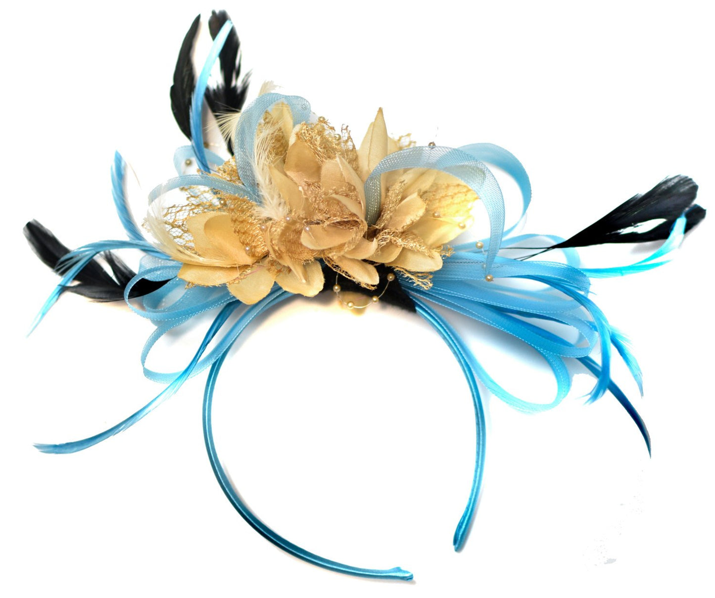 Caprilite Aqua Sky Blue and Camel Beige Fascinator on Headband Alice Band UK Wedding Ascot Races Derby