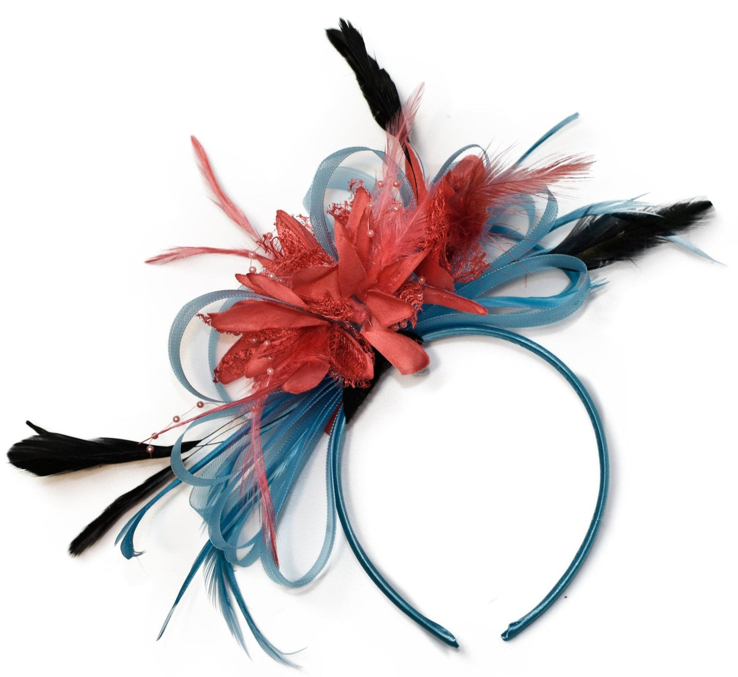 Caprilite Aqua Sky Blue and Coral Pink Fascinator on Headband Alice Band UK Wedding Ascot Races Derby