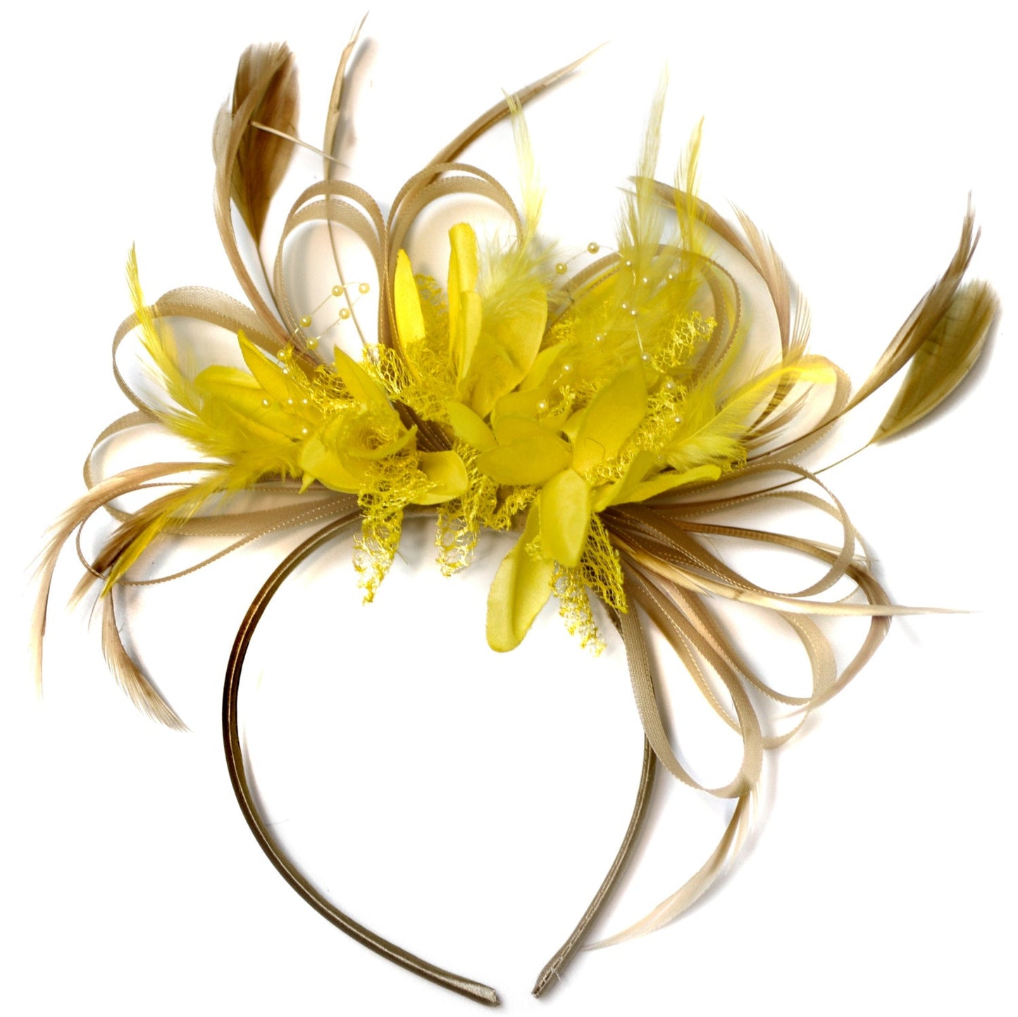 Caprilite Champagne Gold Beige Camel and Yellow Fascinator on Headband Alice Band UK Wedding Ascot Races Derby